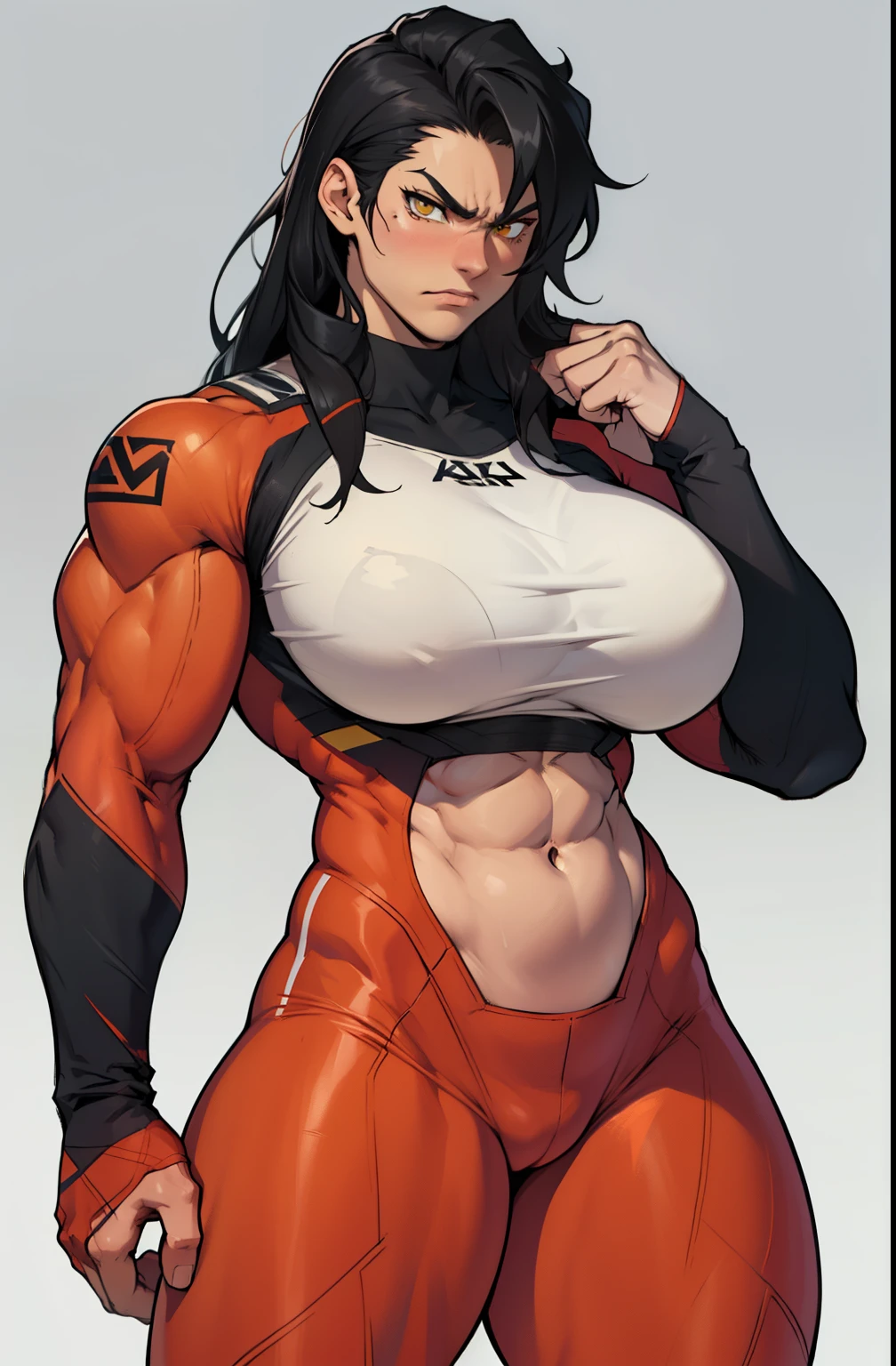 1girl, extremely long hair, solo, (((((muscular))))), veins, black hair, yellow eyes, blushing, (((((thick thighs))))), pale skin, strong, veins, abs, big thighs, (((((huge breasts))))), navel, standing, angry, bodysuit, skintight, pilot suit,