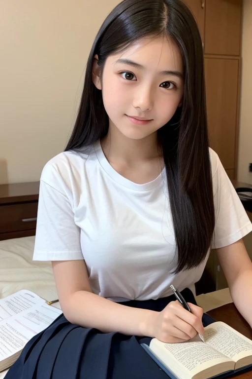 A Japanese junior high school girl writing a book,14 years old,Japanese Girls,White tight T-shirt,Breast flash,skirt,Mid-chest:1.5,Black Hair,Long Hair,Soft lips,Fine skin,(Glowing Skin),(masterpiece:1.4),(highest quality:1.4),Bedroom,Looking at the camera,Close-up,There is a book and a pen on the desk,Bird's Eye View,