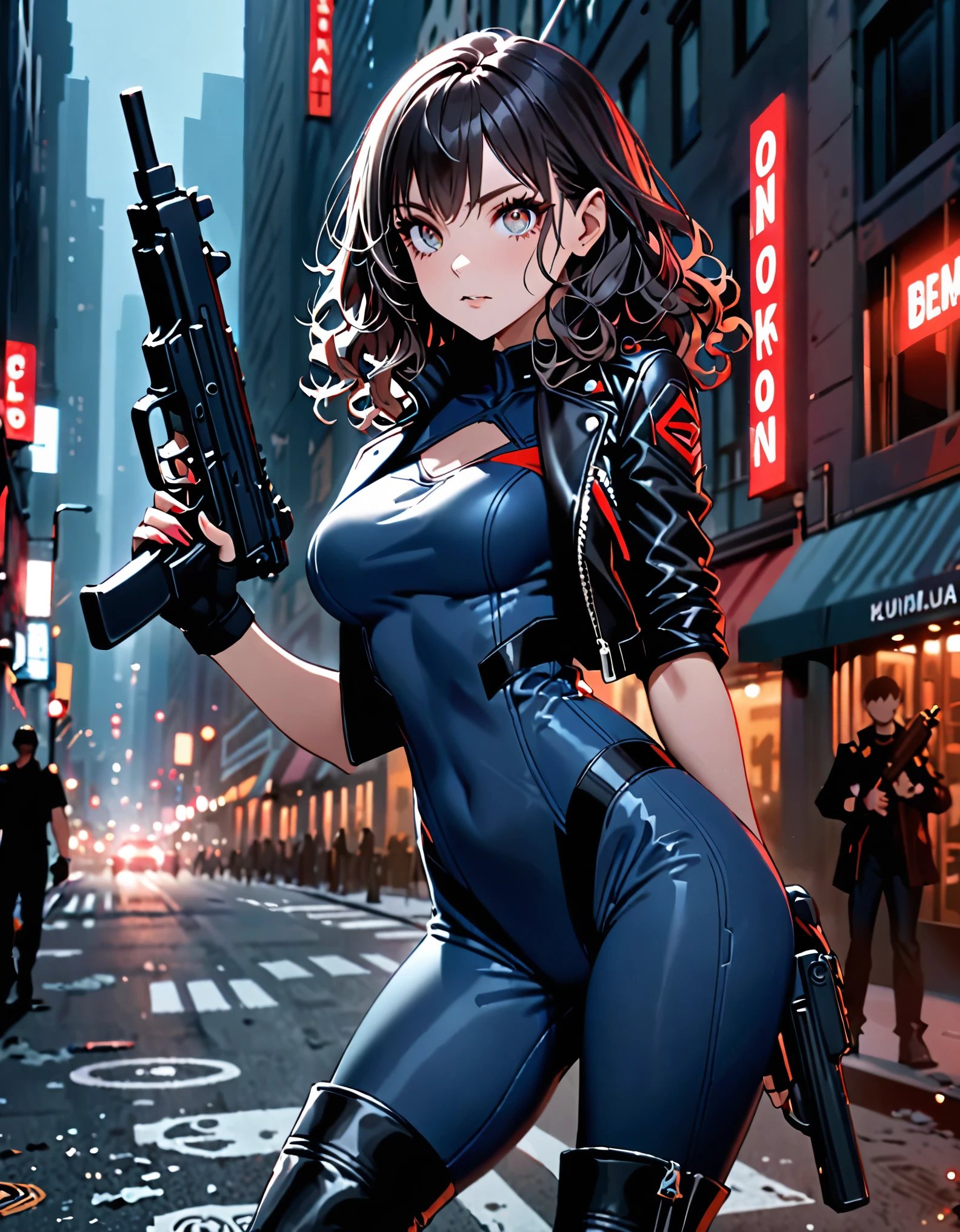 best quality, masterpiece, highres, 1girl, (solo, solo focus), (blue bodysuit, red bodice, black boots), carrying an uzi, (black leather jacket), fingerless gloves, black hair, short hair, wavy hair, hazel eyes, beautiful detailed eyes, beautiful detailed face, (perfect hands), perfect anatomy, perfect proportions, medium breasts, New York street backdrop, night noir atmosphere