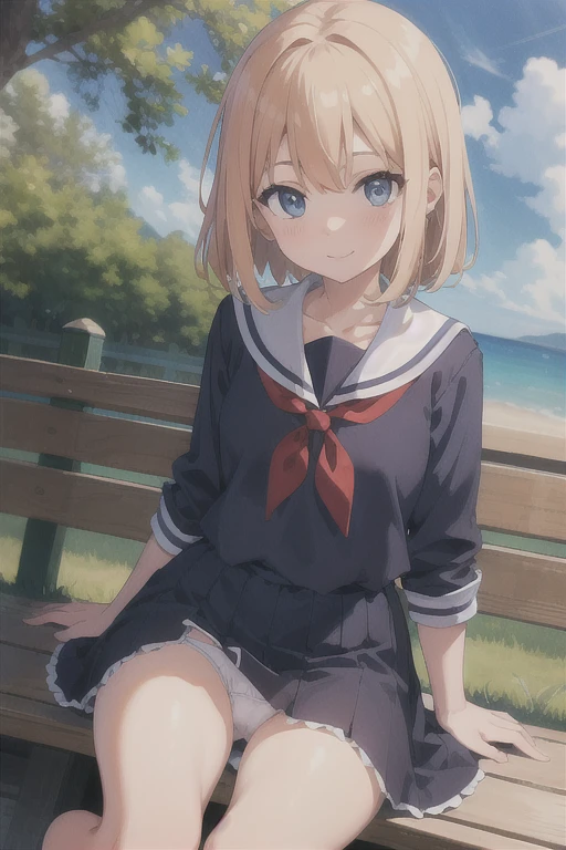 highest quality、Super Resolution、8K,(masterpiece:1.3), (Absurd:1.3), (highest quality:1.3), (Very detailed:1.3), One girl, View your viewers, smile, Outdoor,Photographed from the perspective of looking up at her feet, Summer sailor uniform,ailor collar,、Sit on a bench、She spreads her legs and shyly shows her panties、She shows off her white frilly panties to the viewers.、