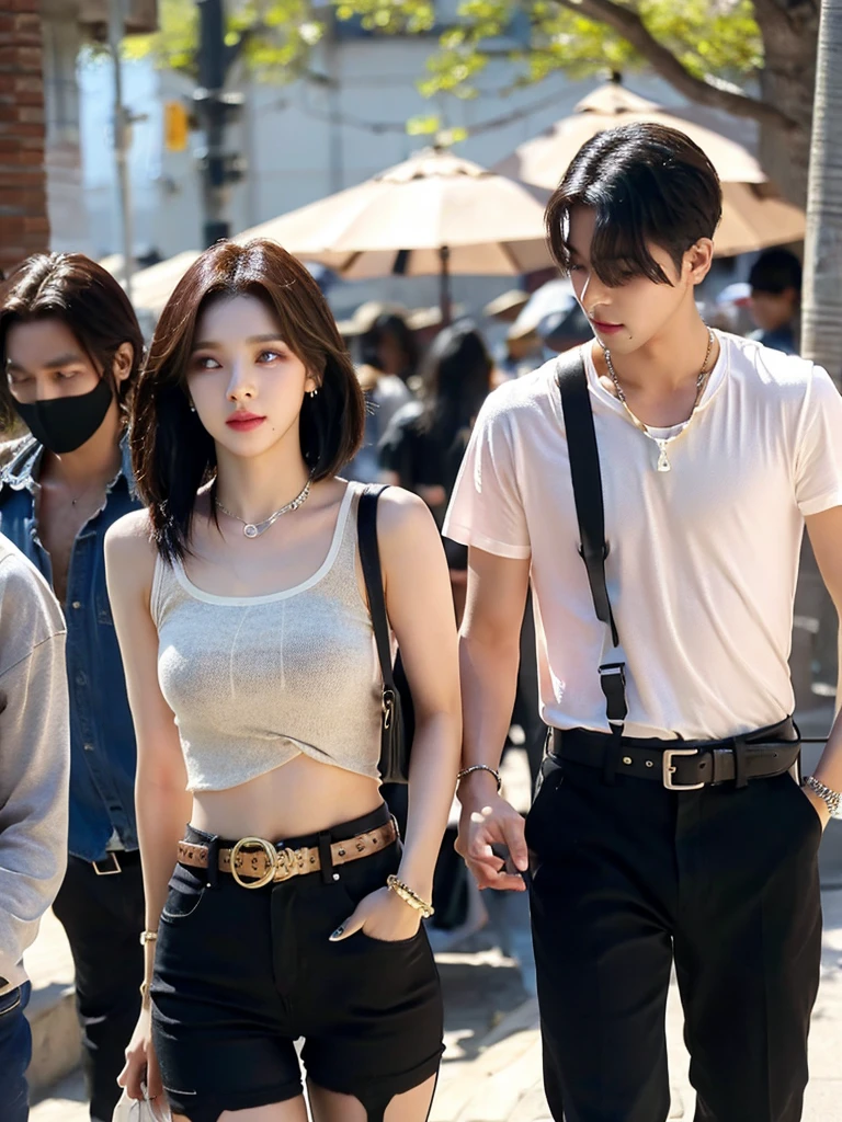 1 woman and 1 man walking together on campus, couple, short hair, medium chest, black hair, bare shoulders, women jewelry accessories, brown eyes, Clear eyes, Dark eyeline, long eyelashes, colorful nail art, black pantyhose, tight miniskirt, Waist belt, Shirt and pants worn by a man, lover, Skinship between a man and a woman, shy expression
