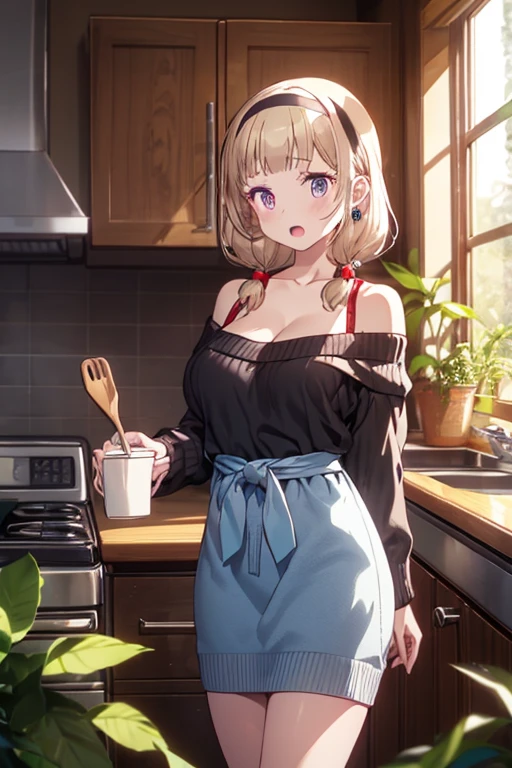(from above:1.0),(from side:0.9),masterpiece, 1girl, Amazing Cleavage:1.1, thin waist, big ass, Raised sexy, small breast: 1.3, posed cleavage:1.2、solo, looking at viewer, open mouth, have a cute grass of cute beergrass,black hair, dark green eyes, dress, bare shoulders, jewelry, collarbone, sidelocks, hairband, earrings, indoors, off shoulder, :o, sweater, arms behind back, plant, short hair with long locks, gild hairband, off-shoulder dress, sweater dress, off-shoulder sweater, red sweater, dark gord hair, big side hair, very long side hair,is rendered in (masterpiece: 1.2, best quality), with (ultra high resolution) and an exquisite (depth of field). This masterpiece is not only visually stunning but also tells,A scene of cooking in the kitchen by classroom