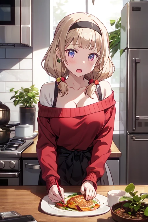 masterpiece, yor, 1girl, Amazing Cleavage:1.3, thin waist, big ass, Raised sexy, medium breast: 1.8 posed cleavage:1.2、solo, looking at viewer, open mouth, have a cup of coffee,black hair, red eyes, dress, bare shoulders, jewelry, collarbone, sidelocks, hairband, earrings, indoors, off shoulder, :o, sweater, arms behind back, plant, short hair with long locks, white hairband, off-shoulder dress, sweater dress, off-shoulder sweater, red sweater, big side hair, very long side hair,is rendered in (masterpiece: 1.2, best quality), with (ultra high resolution) and an exquisite (depth of field). This masterpiece is not only visually stunning but also tells, teach of cooking ,in the kitchen