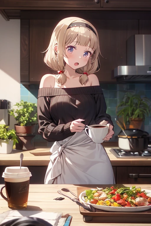 masterpiece, yor, 1girl, Amazing Cleavage:1.3, thin waist, big ass, Raised sexy, medium breast: 1.8 posed cleavage:1.2、solo, looking at viewer, open mouth, have a cup of coffee,black hair, red eyes, dress, bare shoulders, jewelry, collarbone, sidelocks, hairband, earrings, indoors, off shoulder, :o, sweater, arms behind back, plant, short hair with long locks, white hairband, off-shoulder dress, sweater dress, off-shoulder sweater, red sweater, big side hair, very long side hair,is rendered in (masterpiece: 1.2, best quality), with (ultra high resolution) and an exquisite (depth of field). This masterpiece is not only visually stunning but also tells, teach of cooking ,in the kitchen