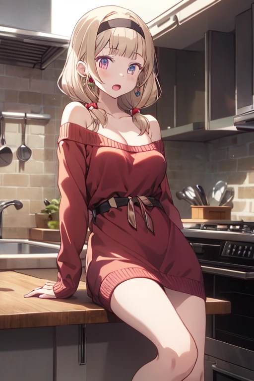 masterpiece, yor, 1girl, Amazing Cleavage:1.3, thin waist, big ass, Raised sexy, medium breast: 1.8 posed cleavage:1.2、solo, looking at viewer, open mouth, have a cup of coffee,black hair, red eyes, dress, bare shoulders, jewelry, collarbone, sidelocks, hairband, earrings, indoors, off shoulder, :o, sweater, arms behind back, plant, short hair with long locks, white hairband, off-shoulder dress, sweater dress, off-shoulder sweater, red sweater, big side hair, very long side hair,is rendered in (masterpiece: 1.2, best quality), with (ultra high resolution) and an exquisite (depth of field). This masterpiece is not only visually stunning but also tells, teach of cooking ,in the kitchen