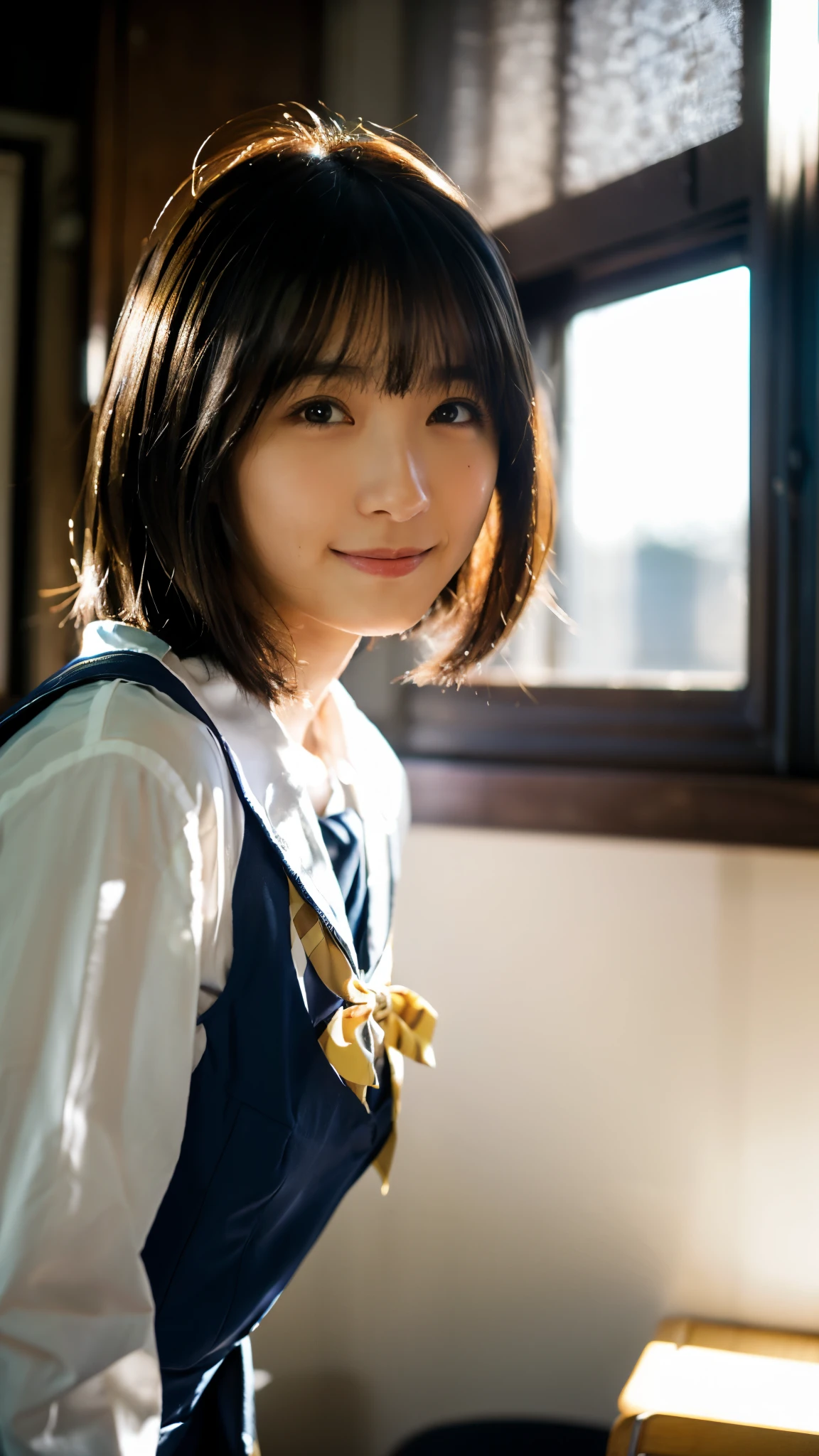 (highest quality,masterpiece:1.3,Ultra-high resolution),(Super detailed,Caustics,8k),(Photorealistic:1.4,RAW shooting),(School classroom),(The girl sitting next to me),machine,Chair,18-year-old,cute,(look at the camera with a smile),Japanese,Short black hair,Big Breasts,Sailor suit,(The light coming in from the window illuminates the girl:1.1),(Curtains fluttering in the wind),(Side Shot:1.1),(Bust up shot),(Face Focus),(Face close up),Natural light