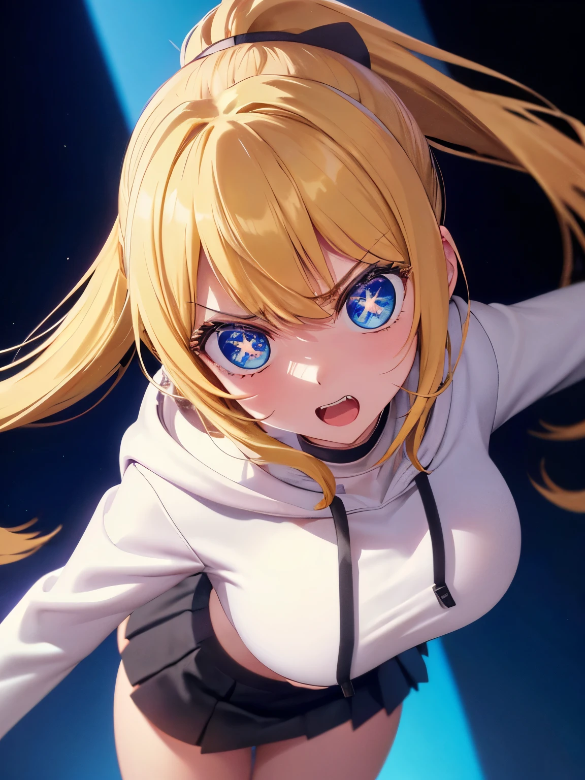 1woman,super beautiful,Stand,Angry expression, visible teeth,half body photo,Beautiful eyes, very detailed face,cute,HD face, perfect face, white hoodie,long hoodie,black mini skirt,Very big breasts,Blonde hair,long hair,ponytail,bangs,blue eyes,ultra detail,ultra Hd, masterpiece,4k