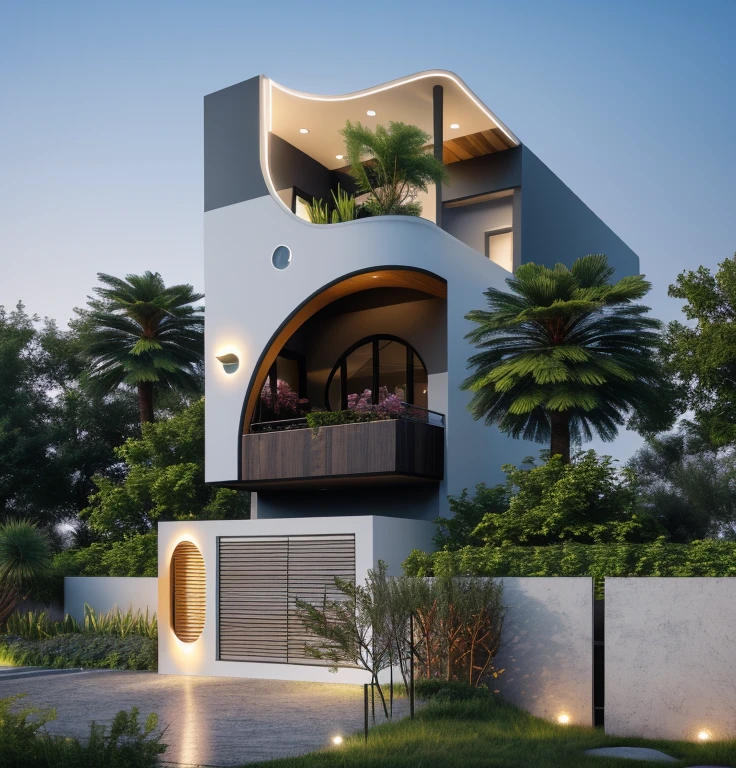 1 morden house, cofe space:1.4, main material by white wall and wood, large yard, 1 road runs in front of the house,  (RAW photo, real, best quality, masterpiece:1.2), look morden minimalist, 1 road in front of the house, shime ring light, light brighteness from indoor:1.2, dynamic lighting:1.3, (hyper realistic, photo-realistic:1.2), high quality, (dark lighting:1.2), perfect lighting, archdaily