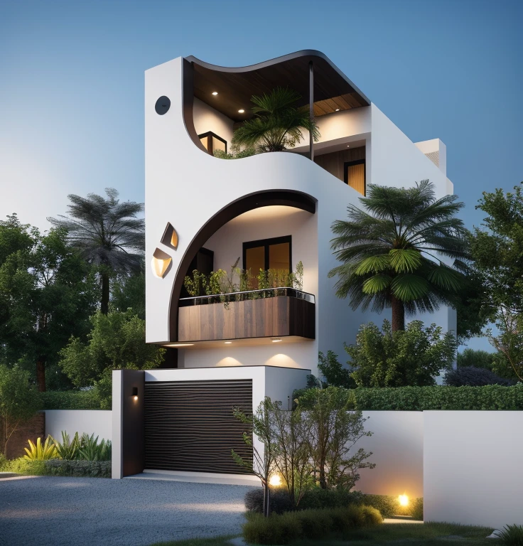 1 morden house, cofe space:1.4, main material by white wall and wood, large yard, 1 road runs in front of the house, (RAW photo, real, best quality, masterpiece:1.2), look morden minimalist, 1 road in front of the house, shime ring light, light brighteness from indoor:1.2, dynamic lighting:1.3, (hyper realistic, photo-realistic:1.2), high quality, (dark lighting:1.2), perfect lighting, archdaily