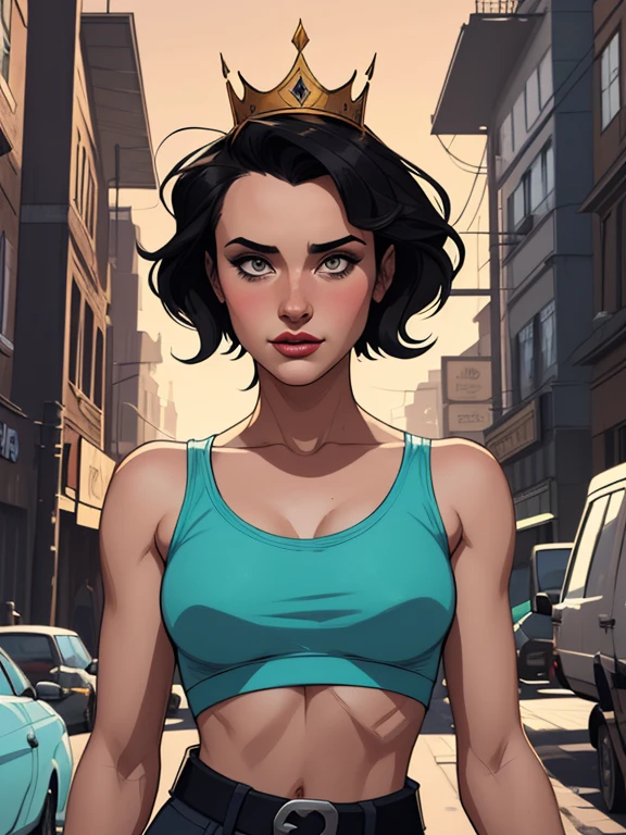 Personagem mulher estilo atompunk Fallout 4 cabelos pretos  atriz Ella Purnell com marcas de guerras Imagem de desenho animado de uma mulher .Ilustracaoo estilo desenho animado, estilo de arte dos desenhos animados, estilo de arte dos desenhos animados, digital illustration style, estilo atompunk design de personagens altamente detalhado, arte digital detalhada coragem,actress Ella Purnell with black hair slim body Forest fan art, Design de cabelos pretos personagens de retrato, beautiful digital illustration, retrato de alta qualidade, Arte em quadrinhos, s . Eyelined eyes, medium bust and wonderful sexy clothes. image expression of sexual desire from waist to head illustration atompunk style Fallout 4 The perspective is from below, enfatizando a majestade e o poder da Gigante."actress Ella Purnell black hair a style Cartoon style digital illustration GTA style cartoon drawing of a woman with a crown on her head, drawn in the style of artegerm, even model | artegerm, arte detalhada, Ross Draws 1. 0, style , Retrato de RossDraws,  and rossdraws, in style of artegerm, extremely detailed , retrato de princesa,  stylestyle Cartoon style digital illustration GTA style