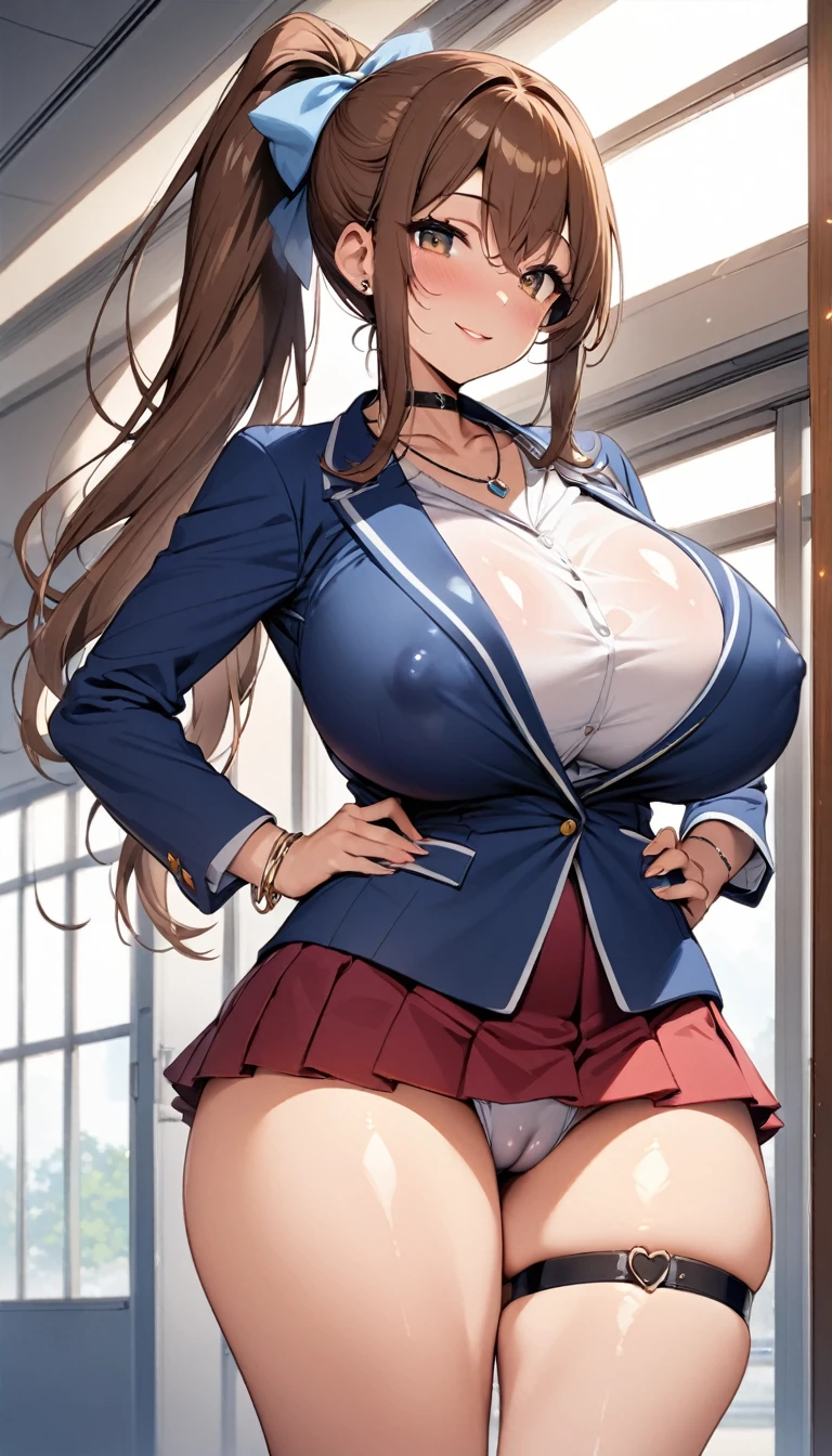 masterpiece, high quality, detailed eyes, 
1girl, solo, brown eyes, brown hair, side locks, bangs, long ponytail, hair bow,, (woman:1.0) (:0.9), (voloptuous:1.0),glistened skin, shiny skin, tall, leggy, light smile,
looking at viewer, school, hall, (contrapposto:1.0),  hand on , (shirt:1.1), button, open blue blazer, mini red pleated skirt, heart earing,, choker, thigh strap, bracelet, necklace, covered , , , 
doujin, anime,