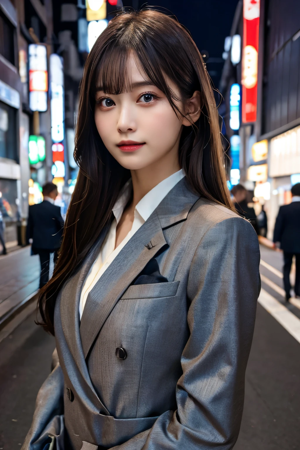 1 girl, Tokyo Street,night, Streetscape,City lights, Upper Body,close, 8k, RAW Photos, highest quality, masterpiece,Realistic, photo-Realistic,Gray business suit, Long sleeve, double, iris