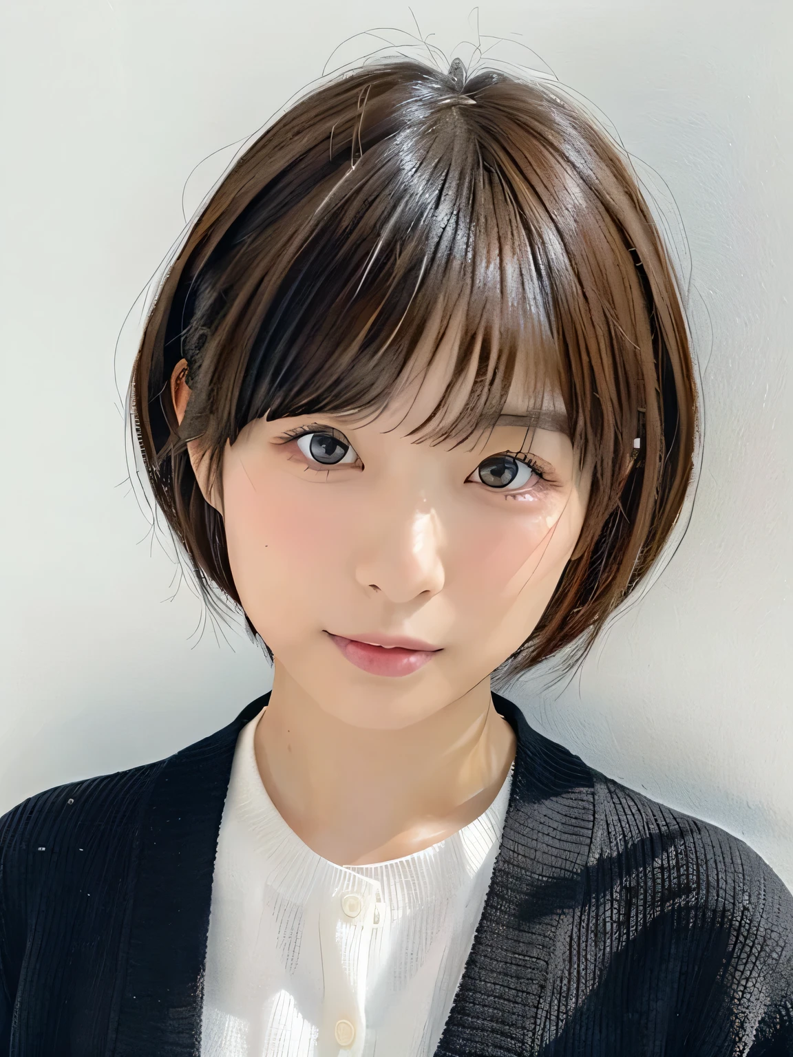 Japanese women in their 20s、Dynamic hairstyle、wearing a black cardigan、Photographed in front of a white wall、In a room with white walls and a window、Brown Hair、The average face of a Japanese woman