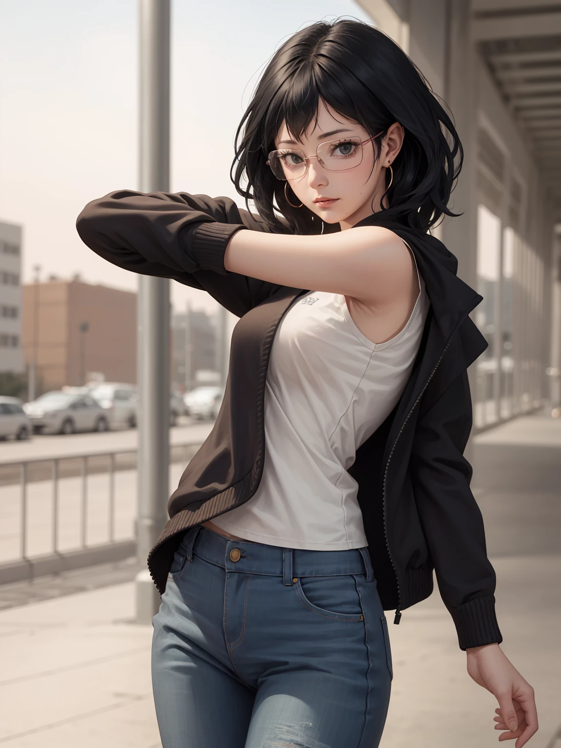 shimizu kiyoko from haikyuu anime, wearing glasses, short hair, beautiful, beautiful woman, perfect body, perfect breasts, wearing white tanktop, sleeveless, black cardigan, long jeans, wearing watch, wearing earrings, on campus, looking at the audience , slight smile , realism , masterpiece , textured skin , super detailed , high detail , high quality , best quality , 1080p , 16k, one hand raised, armpits, armpits visible, dripping with sweat, more more sweat, sweaty armpits.