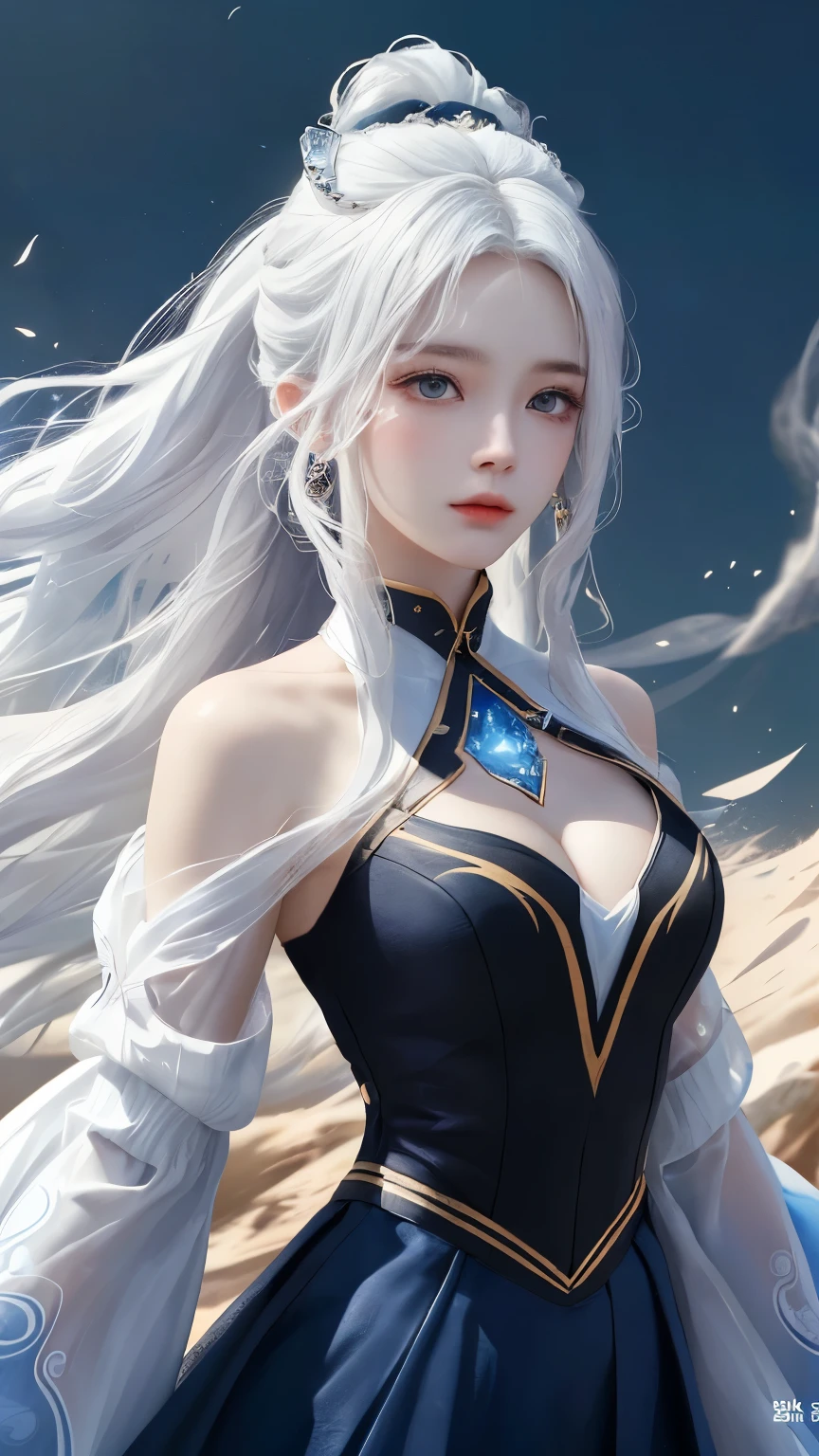 (masterpiece, Highest品質, Highest, Official Art, beautifully、aesthetic, exposed for a long time: 1.2), Smooth movement, Captivating patterns, 1 girl, (Long Skirt with Sleeves: 1.3), A luxurious off-the-shoulder cape, close-up, No shoulders, White haired Korean girl, blush, （White long hair、Long white hair:1.5）, Portraiture, alone,, , Thin legs、Great cleavage, An ennui look, Face close-up, Ultra Wide Angle, gaze observer, Detailed Background, Detailed face, (Crystal AI, Crystal theme: 1.1), Wind Spirit, Spinning wind, Controlling the Wind, Black crystal outfit, Dynamic pose,((Place one hand in your hair)), Suspended particles, Spiritual Power, whirlwind, vapor, whirlwind in background, White Tone, whirlwind, Mysterious atmosphere,
