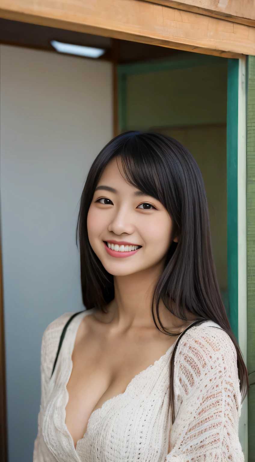 masterpiece,best quality,(Japanese ),((Beautiful girl)),cleavage,indoor,(perfect body beauty:1.2),(shy smile),beautiful teeth,