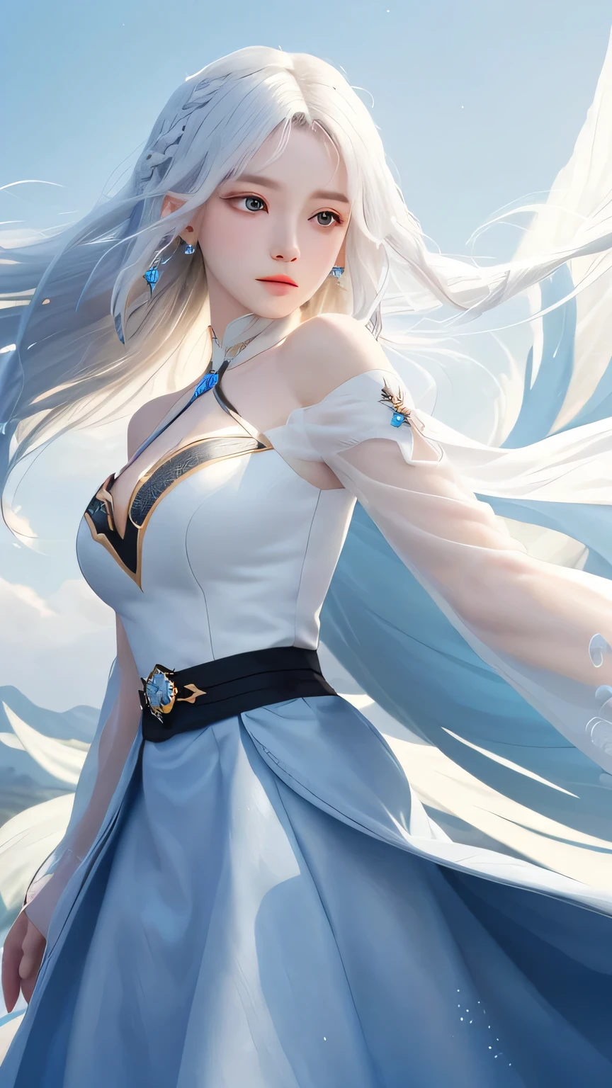 (masterpiece, Highest quality, Highest, Official Art, beautifully、aesthetic, exposed for a long time: 1.2), Smooth movement, Captivating patterns, 1 girl, (Long Skirt with Sleeves: 1.3), A luxurious off-the-shoulder cape, close-up, No shoulders, White haired Korean girl, blush, (White long hair、Long white hair:1.5), Portraiture, alone,, , Thin legs、Beautiful cleavage, An ennui look, Face close-up, Ultra Wide Angle, gaze observer, Detailed Background, Detailed face, (Crystal AI, Crystal theme: 1.1), Wind Spirit, Spinning wind, Controlling the Wind, Black crystal outfit, Dynamic pose,Put one hand in your hair Floating particles, Spiritual Power, whirlwind, vapor, whirlwind in background, White Tone, whirlwind, Mysterious atmosphere,