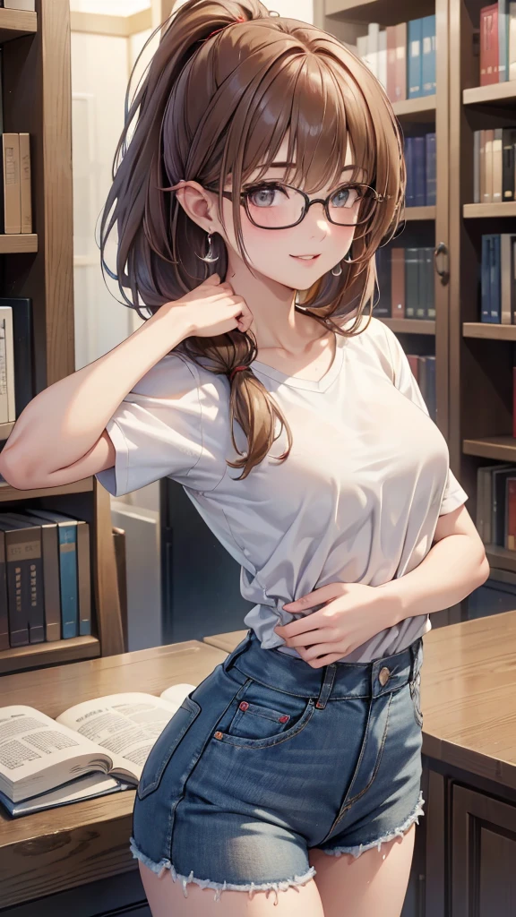 library, masterpiece, highest quality, (maximum resolution: 1.2), (Ultra HDTV: 1.2), cinematic light, Ultra HDTV, (detailed eyes and skin), (detailed facial features), nffsw, 8K resolution, sharp focus: 1.2, perfect body, Anatomically correct, beautiful face, double eyelids, thin eyebrows, natural lip color, 25 years old lady, cheeks are red, slender body, small breasts, glasses, smile, pretty earrings, white T-shirts(extra large size: 1.2), tight short denim, she has a book, ponytail hair,