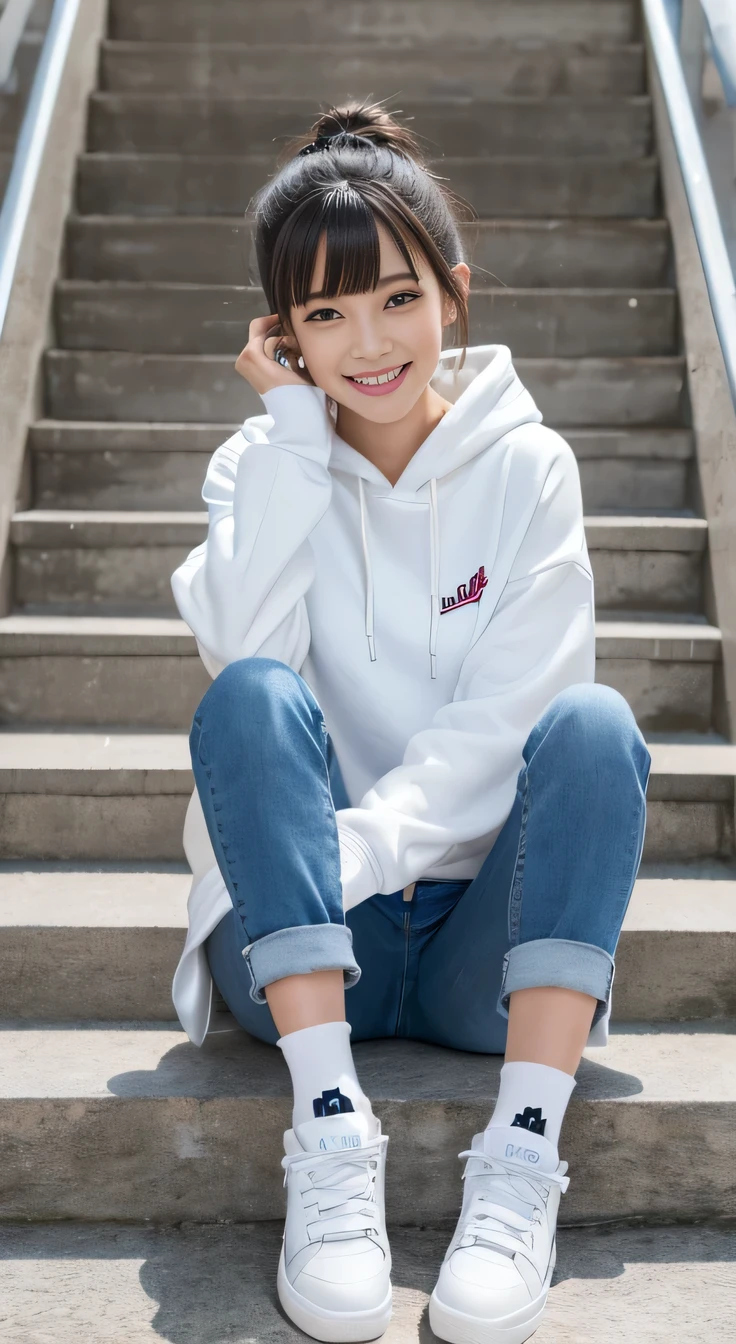 highest quality, Realistic, Very detailed, Finer details, High resolution, 8k wallpaper, One beautiful woman,Sit on the stairs、 Oversized hoodie, Skinny jeans, White sneakers、short,Putting on socks、Black Hair、 Short Haircut、Beautiful Bangs、ear piercing、smile、Beautiful teeth alignment、Perfect dynamic composition, Beautiful and detailed, Full Body Shot, A big smile