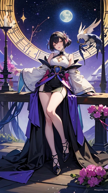 ((highest quality)), ((masterpiece)), (detailed), (Perfect Face)、The woman is Shinobu Kochou and has purple hair.、Wearing a gorgeous purple long slit see-through dress and a purple see-through cape with fur、Jeweled earrings, necklaces, bracelets, ankle bracelets, waist chains and head dress chains are available for customers.、She wears shiny purple high heels