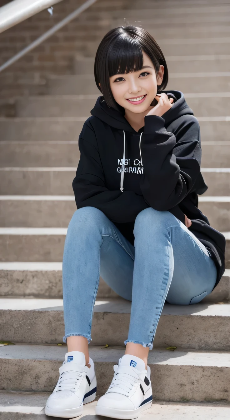 brunette influencer during photo session on stairs in the Ukraine, blue hoodie, full body shot, sexy women