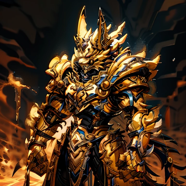 (masterpiece, best quality, detailed:1.2) (Pokémon) detailed full body, zeraora, full body, Furry Heroes, The main color is yellow, sparkling skin, Vibrant colors, 4K, GOLD armor, Its full plate armor emphasizes the muscles. a knight's mechanical armor, glowing wide and heavy armor, Gigantic ZERAORA, big muscle (pecs, triceps, traps) unusually developed muscular body, body full of huge muscles. showing off muscles, pectorales enormes. Exaggeratedly huge muscles. Gigachad Muscular, whole body shines like metal. He wears a black cloak on his back. The cloak is so long that it touches the ground, futuristic city, thunderstorm, rainy weather, lightning, black bodysuit