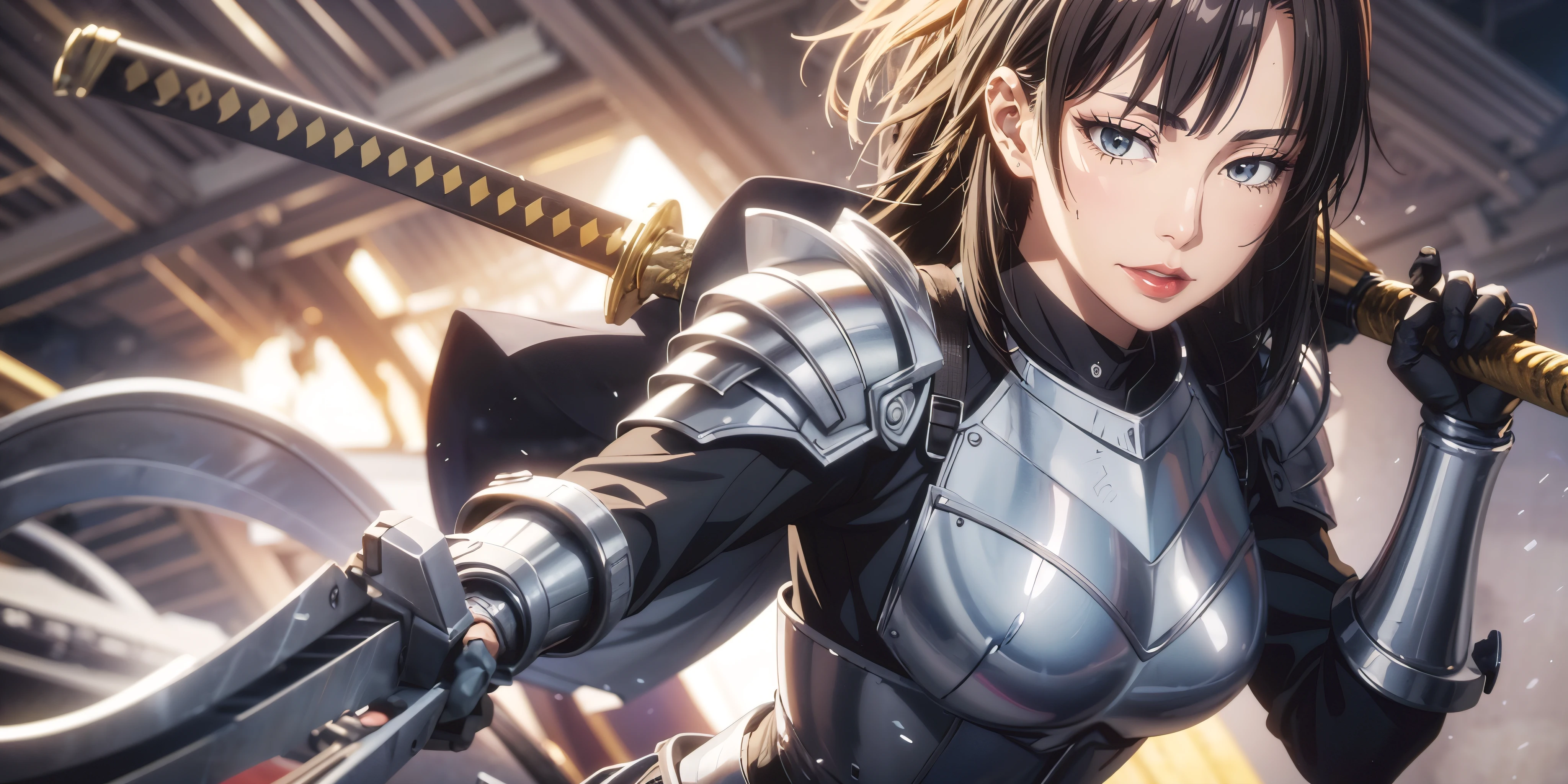 sword, weapon, armor, 1girl, holding, shoulder_armor, holding_weapon, solo, breastplate, looking_at_viewer, holding_sword, closed_mouth, gloves, bangs, katana, brown_hair, black_hair, short_hair, pauldrons"glow effects, godrays, Hand drawn, render, 8k, octane render, cinema 4d, blender, dark, atmospheric 4k ultra detailed, cinematic, Sharp focus, big depth of field, Masterpiece, colors, 3d octane render, 4k, concept art, trending on artstation, hyperrealistic, Vivid colors, extremely detailed CG unity 8k wallpaper, trending on CGSociety, Intricate, High Detail, dramatic", anime coloring, anime screencap, sweating, steaming body, fog