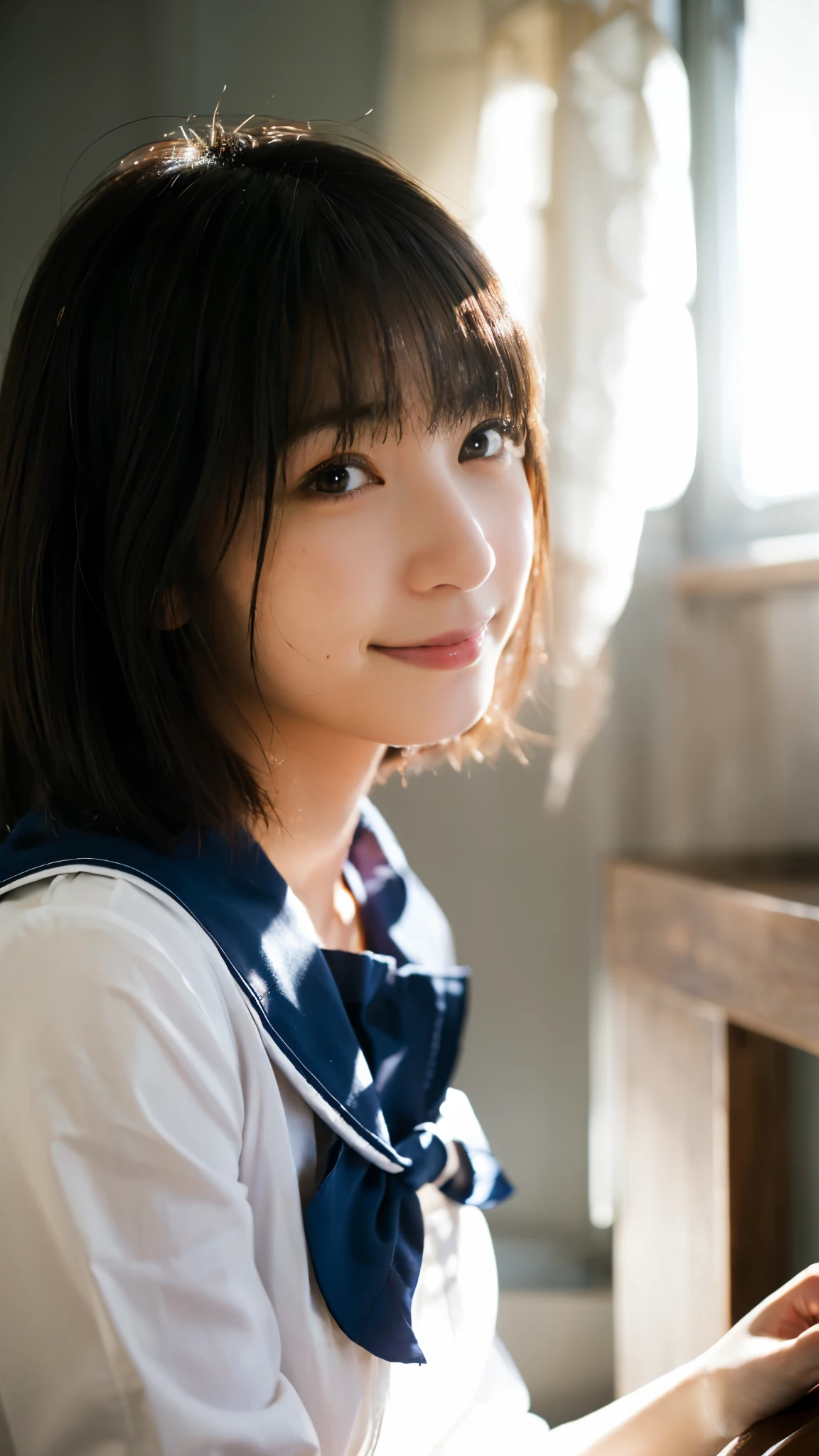(highest quality,masterpiece:1.3,Ultra-high resolution),(Super detailed,Caustics,8k),(Photorealistic:1.4,RAW shooting),(School classroom),(The girl sitting next to me),machine,Chair,18-year-old,cute,(look at the camera with a smile),Japanese,Short black hair,Big Breasts,Sailor suit,(The light coming in from the window illuminates the girl:1.1),(Curtains fluttering in the wind),(Side Shot:1.1),(Bust up shot),(Face Focus),(Face close up),Natural light
