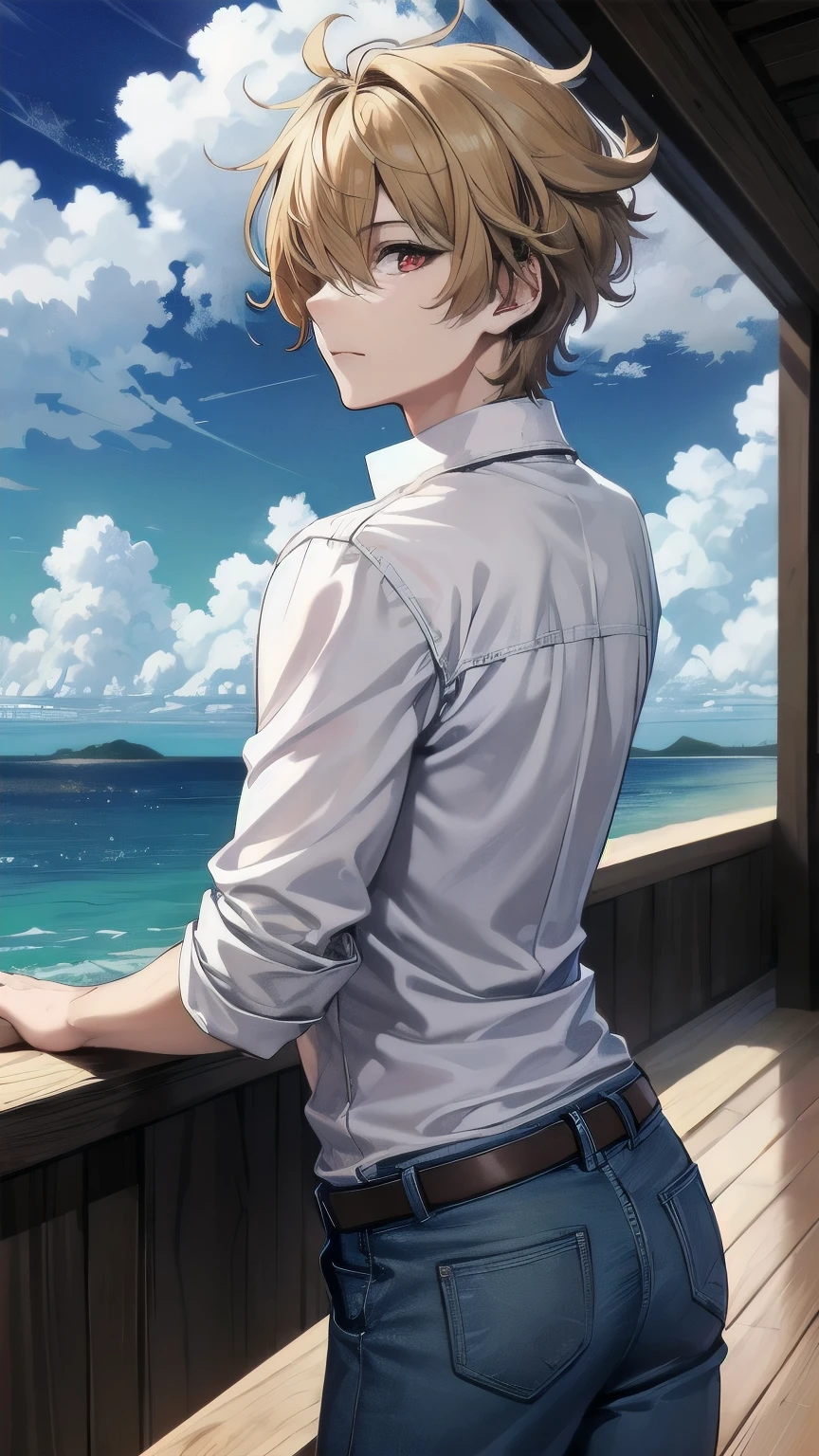 (masterpiece), best quality, hair over one eye, perfect face, mature male, (1boy, man), solo, blond hair, messy hair, standing, red eyes BREAK castle outskirts, balcony, ocean, blue sky, from behind, looking away, white shirt, denim pants 