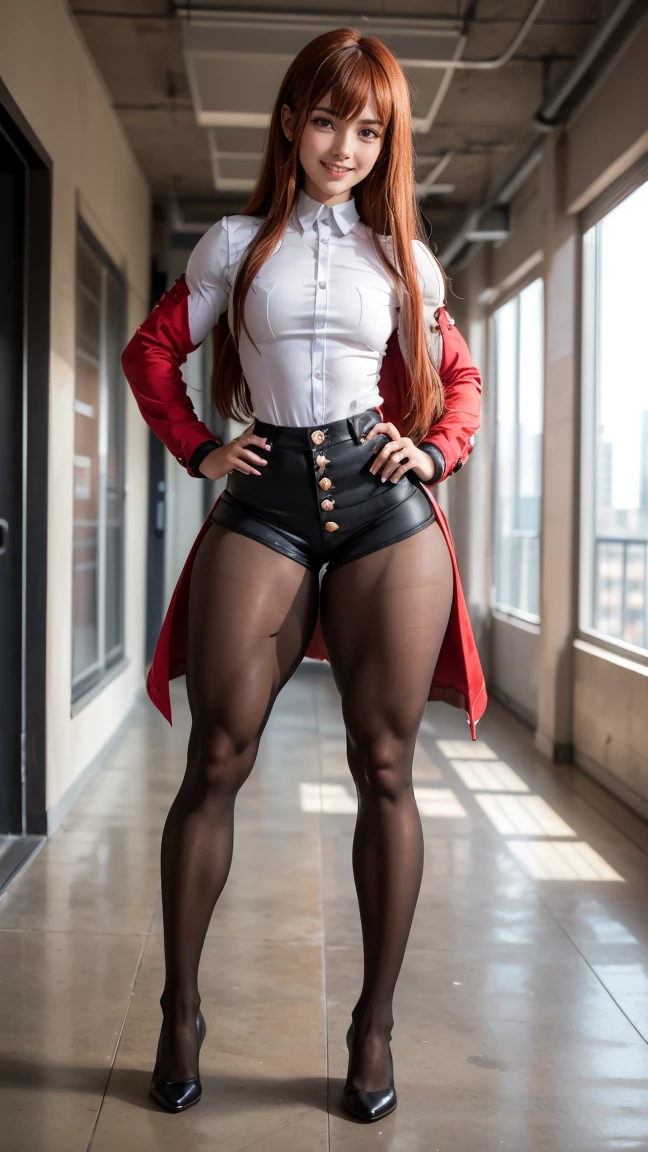 (Muscular:2.3), (thick thighs:2.3),
(kurisu makise, hair between eyes, hair over shoulder, long hair, (purple eyes:1.1), red hair, straight hair,
black pantyhose, black shorts, brown coat, coat, collared shirt, long sleeves, necktie, pantyhose, pantyhose under shorts, shirt, short shorts, shorts, sleeves past wrists, white shirt, wing collar), (big smile:1.3), (flat chest:1.5),
eyeshadow, (button up, black shorts, pantyhose:1.5),
looking at viewer, (three quarter view:1.5), (upper body view:1.4),
(apartment), rim lighting, detailed skin, detailed eyes