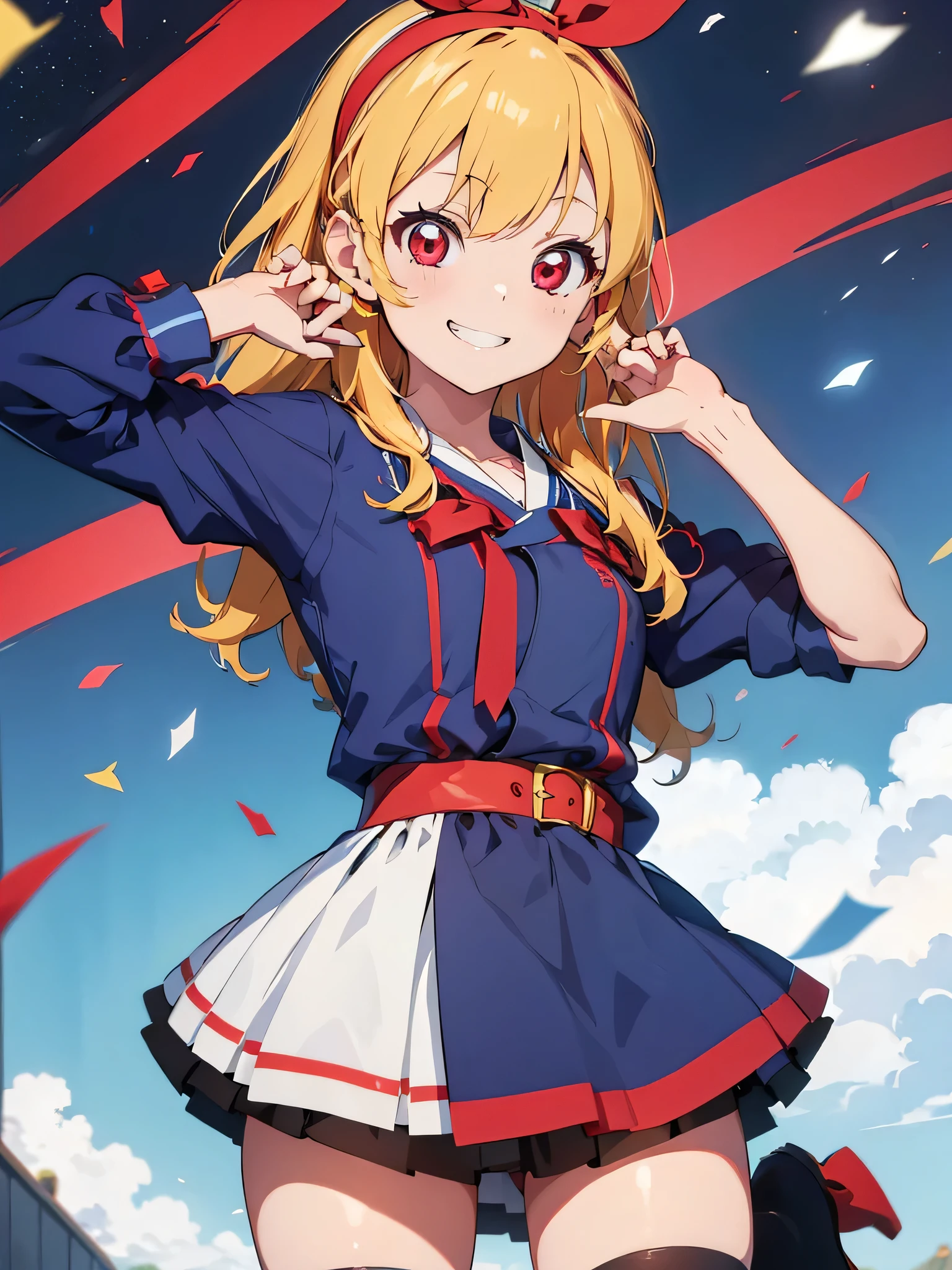 (red ribbon on hairband:1.2),(8K, best quality, muste piece:1.2)、ultra high resolution,1 very cute girl,hosimiya ichigo,ultra-detailed face, detailed eyes,Blonde HAIR:1.5,RED eyes,smile, grin, happy,,masterpiece, best quality, extremely detailed, 1 girl,Blue Super kimono idol, Blue Super kimono idol costume, live stage, confetti1 girl,