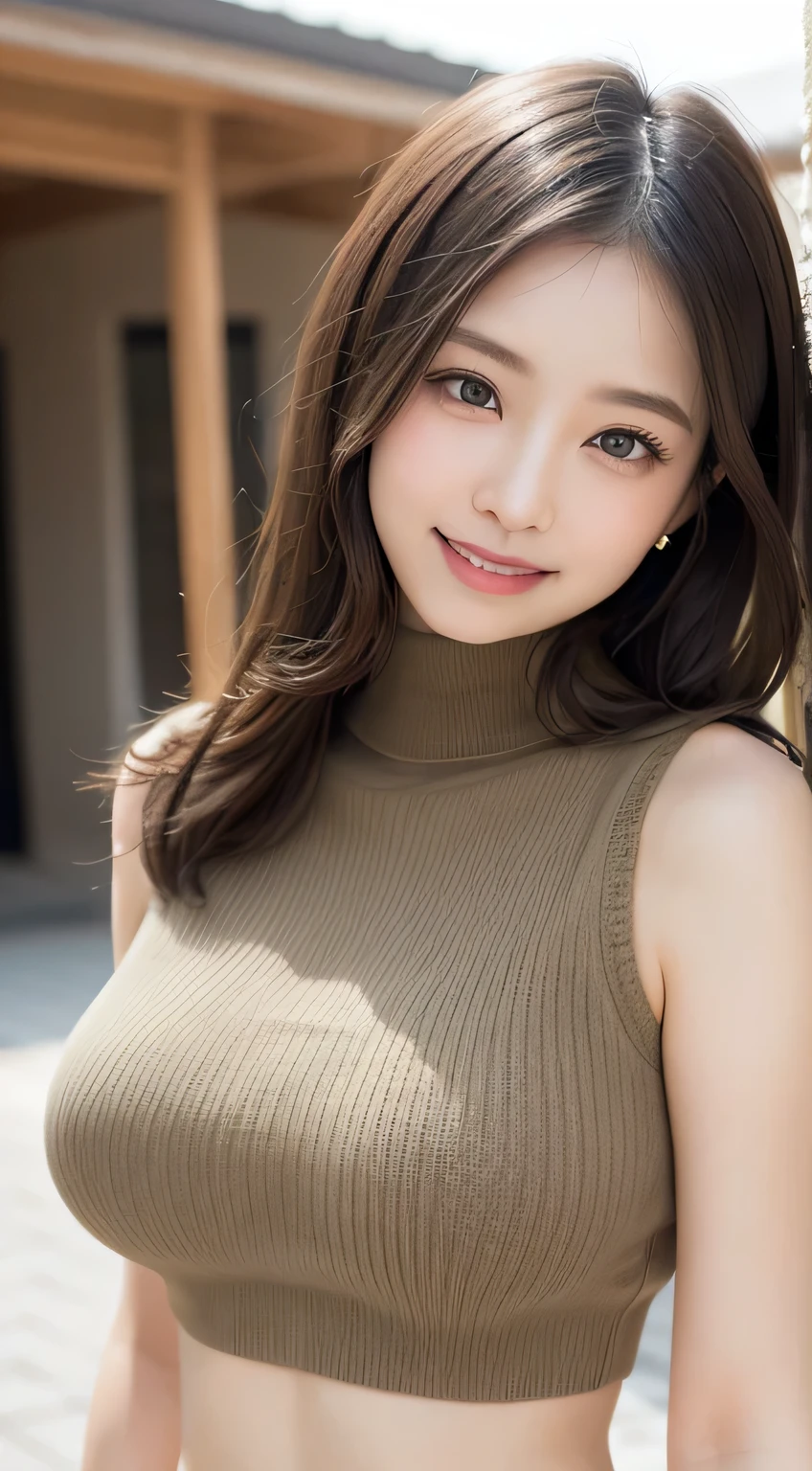 Tabletop, highest quality, Photorealistic, In detail, High resolution, 8k wallpaper, Perfect dynamic composition, Beautiful fine details, Medium Hair, Big ample breasts, Random sexy poses,Put your chest together、(Breast Opening Mock Neck Crop Tank Top Khaki Knitwear)、(Breast Swelling 1.2)、Laughter、Open your mouth、Resort scenery、23 years old、(Droopy Eyes 1.4)、Adult Beauty、Japanese