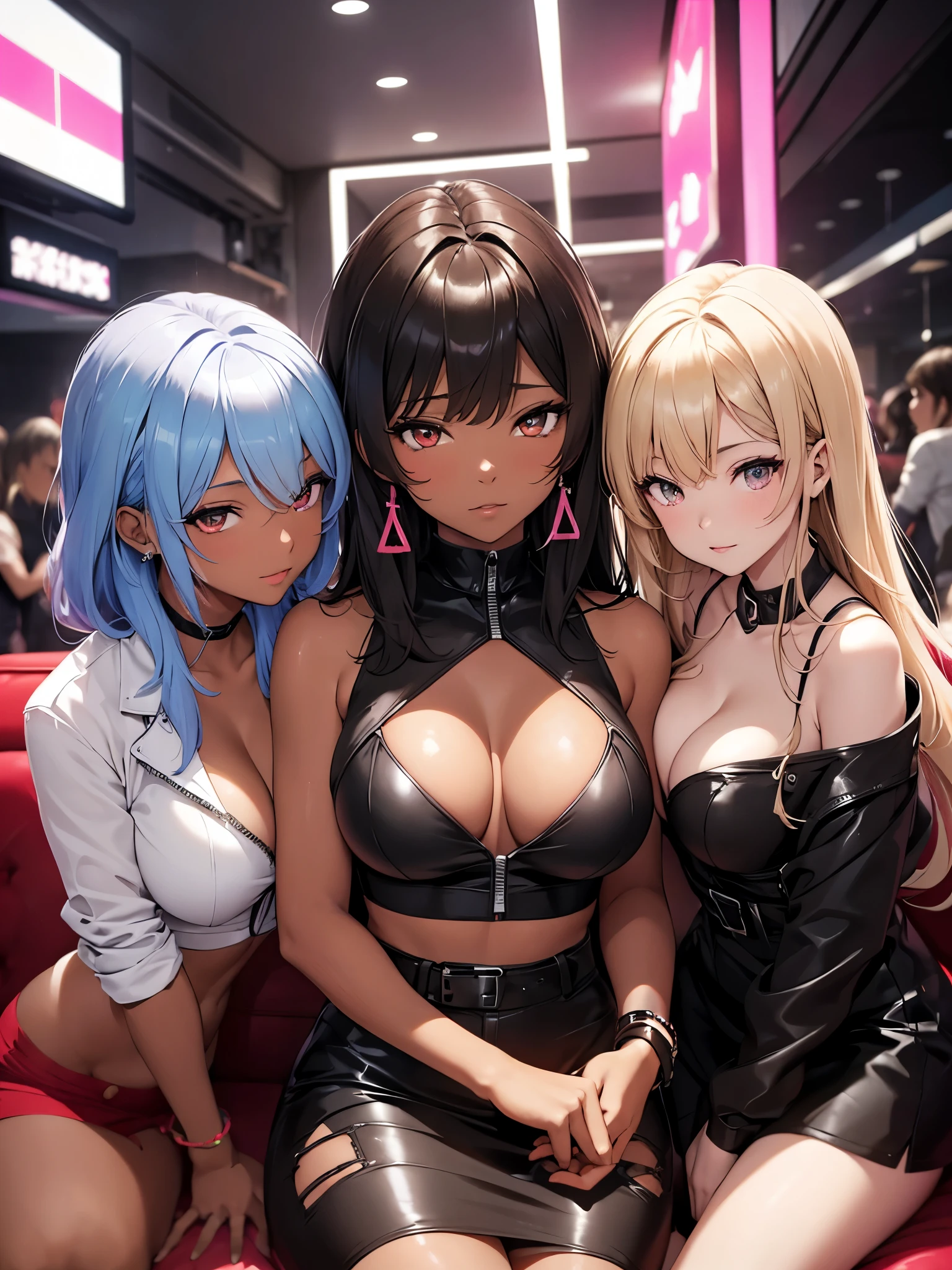 4 girls 、(Blackskin and Brown Skin and Whiteskin Gyarus:1.5, Random gyaru), Chilarism、(nightclub:1.5, nightclub lady:1.2, Nightlounge:1.2, lounge girls:1.3, neon Light and Dark)、Upper body portrait、drink alcohol、Drunkards、Fun atmosphere、sexy lady、Sit on the big red sofa