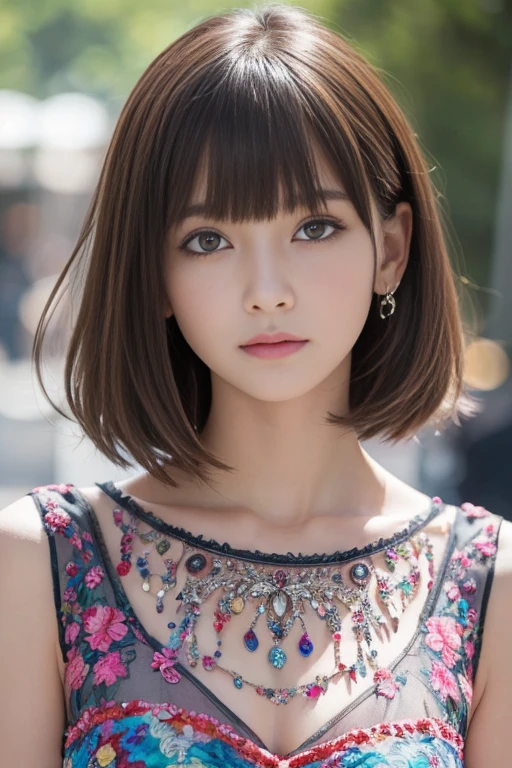 (((masterpiece, highest quality, Super detailed))), 1 female, (((very thin body))) , (((length, thin legs))), (((Colorful short hair, thick and fluffy bangs ))), (((highly detailed face))), cosmetics free, small and thin nose, small thin mouth, (((Very sharp focused eyes))),  Japanese,  beautiful face, (lifelike face),  beautiful hairstyle, realistic eyes, fine and beautiful eyes, (real looking skin), beautiful skin, charm, Photo shoot that recreates Tim Burton&#39;world view、The mysterious Colorful costume is also one of the highlights..。Victorian style  Colorful dress and suit、Design with gothic elements.。Accessories include leather items and studs.、chain is important。model&#39;You can also create a spooky and unique hairstyle..。High image quality、Capturing every detail clearly、,、Use a bright and vibrant color palette。As background:、Colorful ..、Creates images with Tim Burton&#39;s signature dark shadows and bizarre details。.。