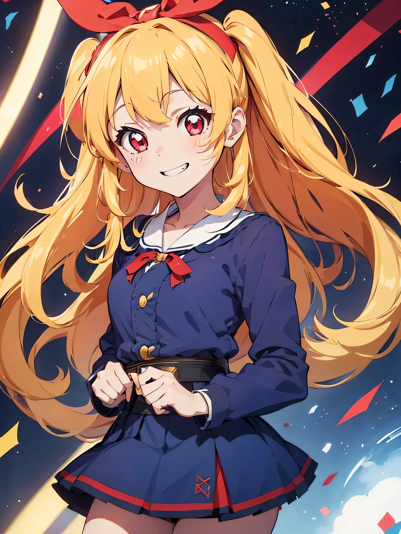 (red ribbon on hairband:1.2),(8K, best quality, muste piece:1.2)、ultra high resolution,1 very cute girl,hosimiya ichigo,ultra-detailed face, detailed eyes,Blonde HAIR:1.5,RED eyes,smile, grin, happy,,masterpiece, best quality, extremely detailed, 1 girl,Blue Super kimono idol, Blue Super kimono idol costume, live stage, confetti1 girl,