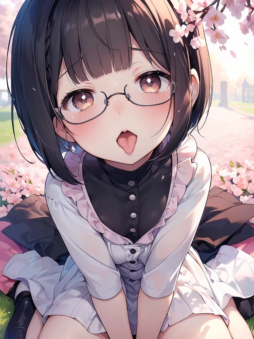 Very detailed, highest quality, High resolution, Moe Anime, ((Cute girl with black hair and droopy eyes)), ((Wearing large round glasses.)), (Baby Face), Cute eyes, Detailed eye depiction, Sparkle in the eyes, View your viewers, Pale skin, (Big eyes:1.4, Droopy eyes:1.4, Fatty face:1.4), smile, Focus on the face, In the park with cherry blossoms falling, On all fours, (Extreme close up of tongue), (((From above))), Open your mouth, (((Face only:1.3))), ((Wearing a one-piece dress)), Bright Eyes, Light from the front, (Put your hands between your legs:1.4), large and long tongue, ((Very short hairstyle:1.5))