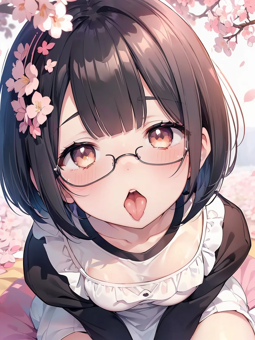 Very detailed, highest quality, High resolution, Moe Anime, ((Cute girl with black hair and droopy eyes)), ((Wearing large round glasses.)), (Baby Face), Cute eyes, Detailed eye depiction, Sparkle in the eyes, View your viewers, Pale skin, (Big eyes:1.4, Droopy eyes:1.4, Fatty face:1.4), smile, Focus on the face, In the park with cherry blossoms falling, On all fours, (Extreme close up of tongue), (((From above))), Open your mouth, (((Face only:1.3))), ((Wearing a one-piece dress)), Bright Eyes, Light from the front, (Put your hands between your legs:1.4), large and long tongue, ((Very short hairstyle:1.5))