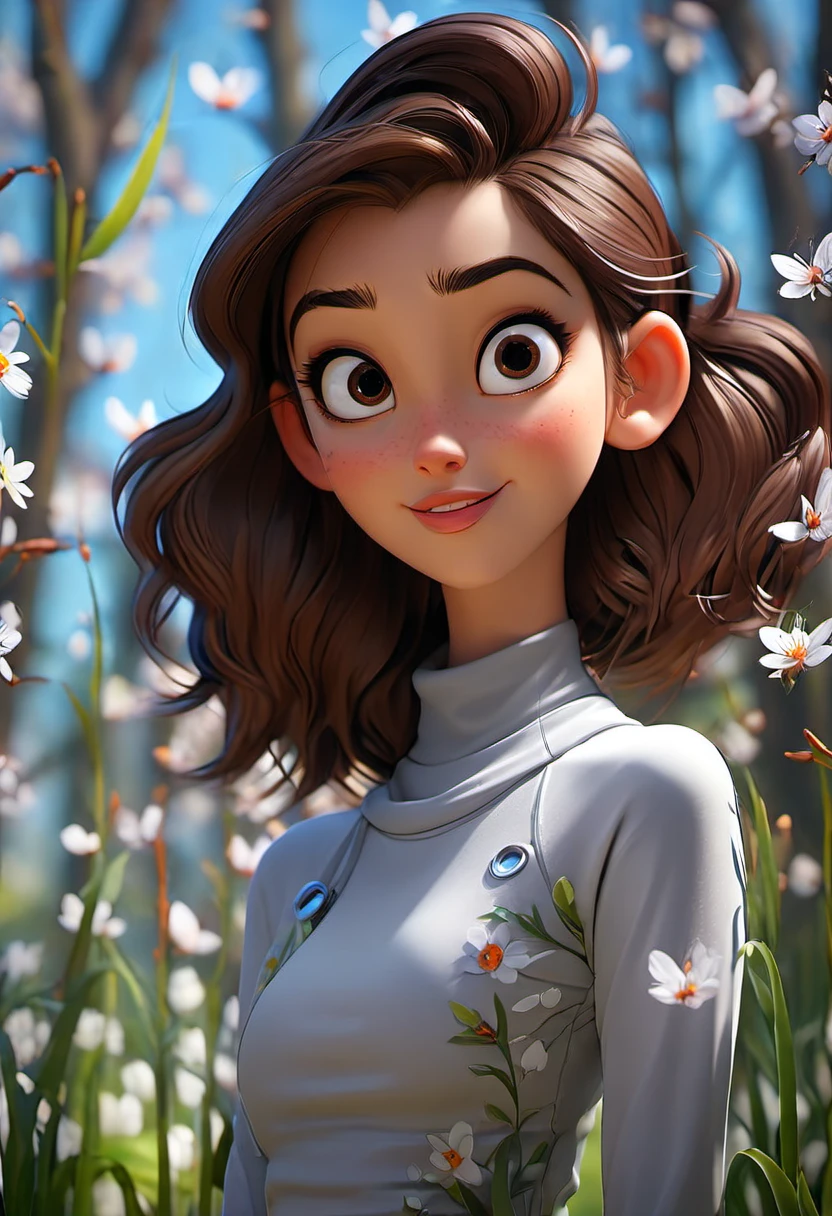 parted_poop head, beautiful woman(face_smile), crotop top, Wearing training pants, Pixar Art,Disney 3D Style, ( Take close-up photos_Upper body bust shot ), background_realistic beautiful nature( spring ), standing in the park, Elegant girl in her 20s, Fashion Shoot 8K, 