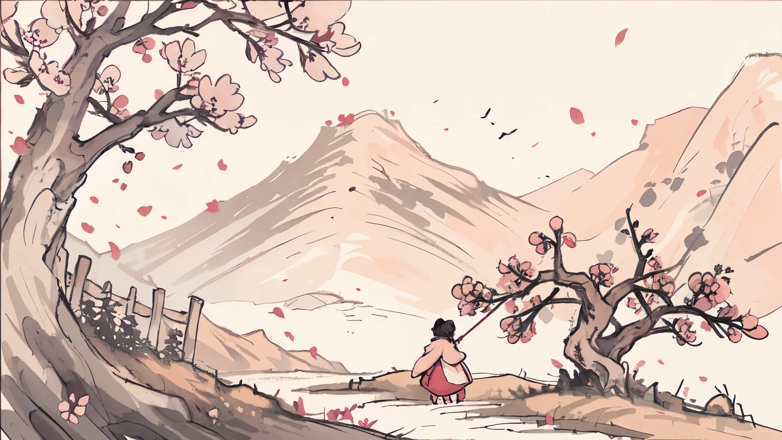 (masterpiece, best quality: 1.2), Traditional Chinese ink painting,,grassland,Peach Blossom Tree,Pear blossom tree,Flowers