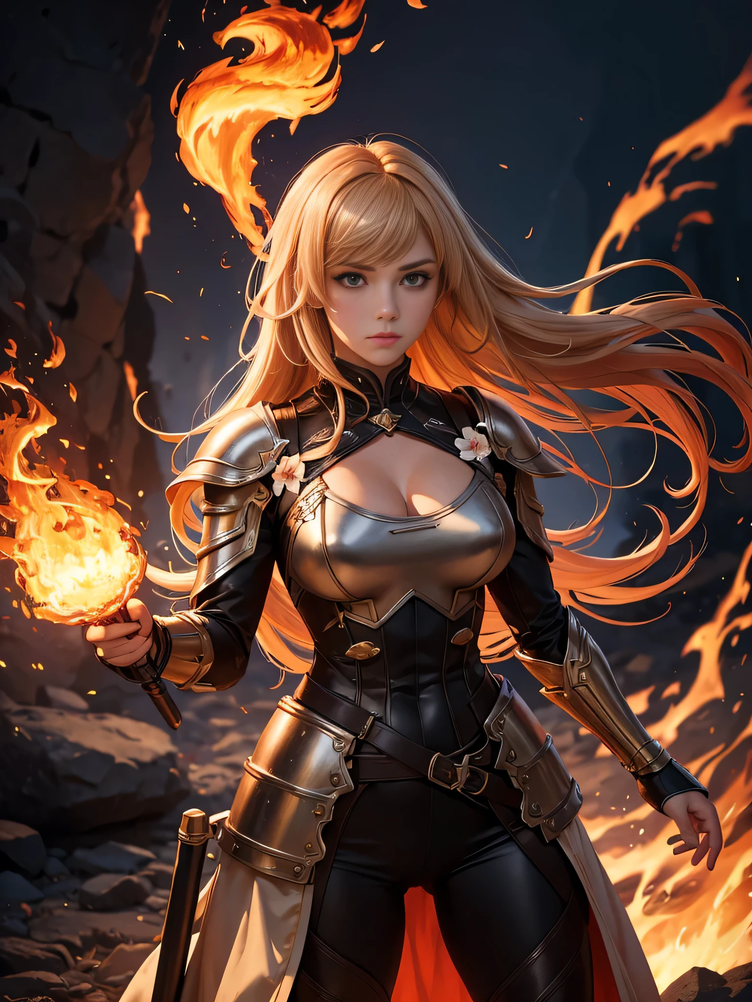 Masterpiece,Superior Quality,8K,super ultra realistic,great details ,1 woman,pectoralis major muscle,form-fitting armor, bang,fire, Burning, Burnt clothes, coals, ahoge, beige hair, multicolored hair, fire, flame, flaming sword, (hand on the handle), standing, long hair, pyrokinesis, inexpressive, smoke, flower(symbol), One, Sparks, sunset, Twilight, white flower, molten rock, Lily (flower), fiery flower, depth of field, Burning ,