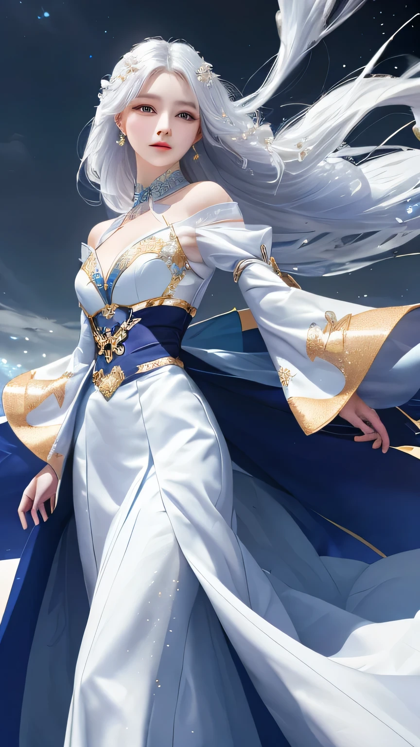 (masterpiece, Highest quality, Highest, Official Art, beautifully、aesthetic, exposed for a long time: 1.2), Smooth movement, Captivating patterns, 1 girl, (Long skirt with embellished sleeves: 1.3), A luxurious off-the-shoulder cape, close-up, No shoulders, White haired Korean girl, blush, （White long hair、Long white hair:1.5）, Portraiture, alone,, , Thin legs、Beautiful cleavage, An ennui look, Face close-up, Ultra Wide Angle, gaze observer, Detailed Background, Detailed face, (Crystal AI, Crystal theme: 1.1), Wind Spirit, Spinning wind, Controlling the Wind, Heavily decorated crystal dress,,Put one hand in your hair Floating particles, Spiritual Power, whirlwind, vapor, whirlwind in background, White Tone, whirlwind, Mysterious atmosphere,
