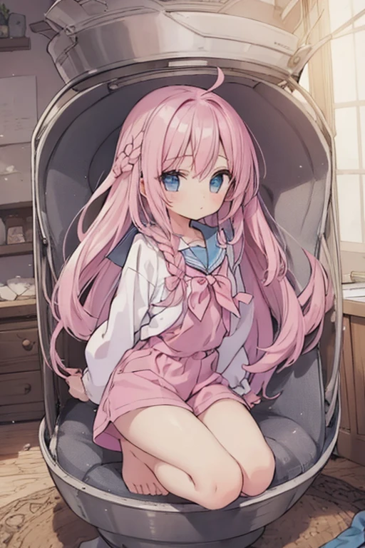 Beautiful illustrations, highest quality, (12-year-old girl:1.4)、(pretty girl:1.5)、、Flat Chest、Sailor collar、(White long tunic)、Long sleeve sailor suit、Blue-line cuffs、(Pink Chino Shorts:1.7)、(Pink shorts with wide openings:1.6)、Gap between thighs and shorts、Thin thighs、White socks、 barefoot、Cinema Lighting, (Pink Long Hair)、Pink Straight Hair、Redness on the cheeks、(Braiding of the back of the head)