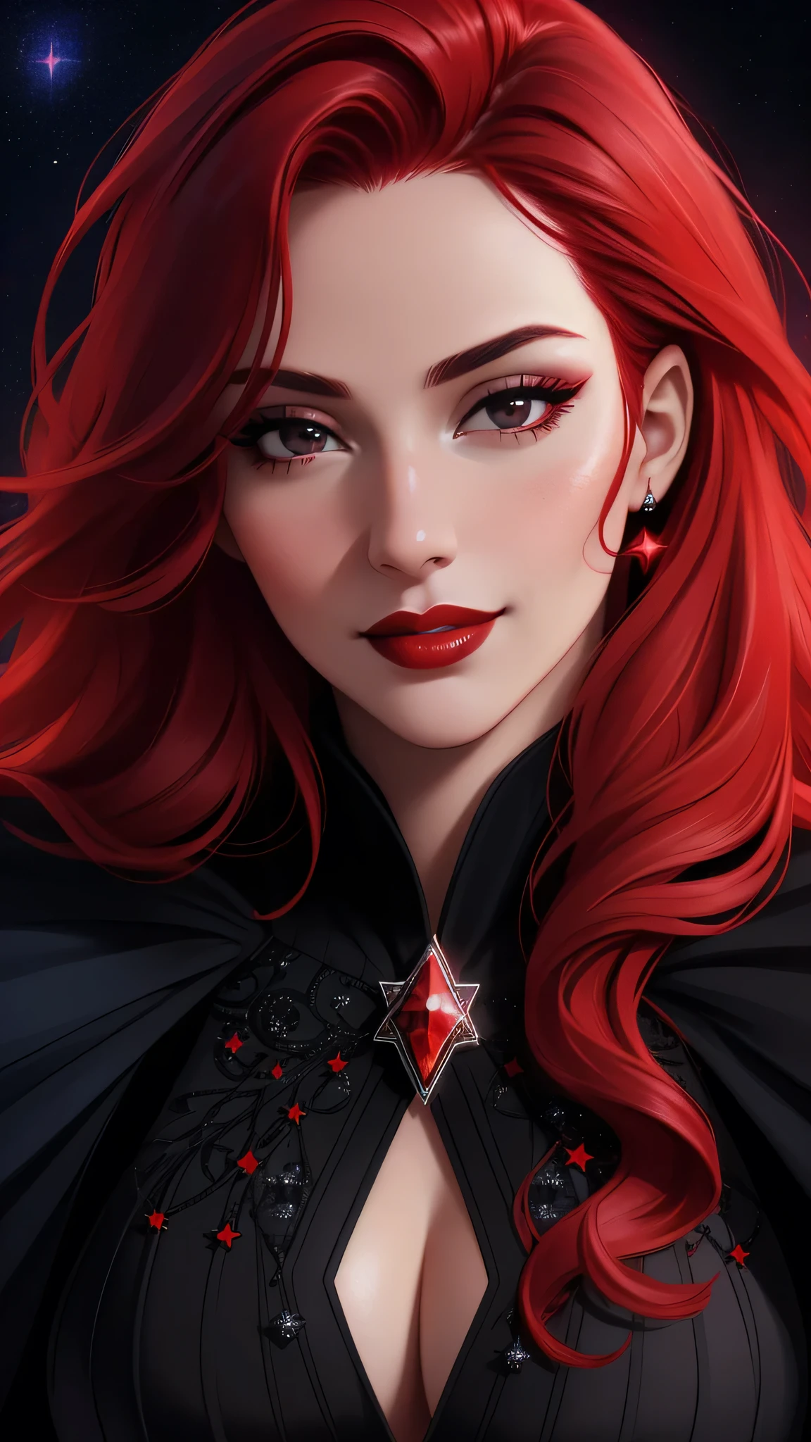 face close up, portrait shot, ((vivid red hair)), mature woman, 30 years old, diamond face, red starry sky background, depth of field, magic, big red lips, ((dark and black eyes)) black and red long and full dress, covered chest, mystical atmosphere, ominous shadows, Intense blue aura, Intense red aura (best quality:1.2), absurdres, intricate details, (highly detailed skin:1.2), smile expression, posing, taut and well defined body, attractive. Highly realistic, white skin, beautiful, hyperrealism, skin very elaborated, direct gaze,