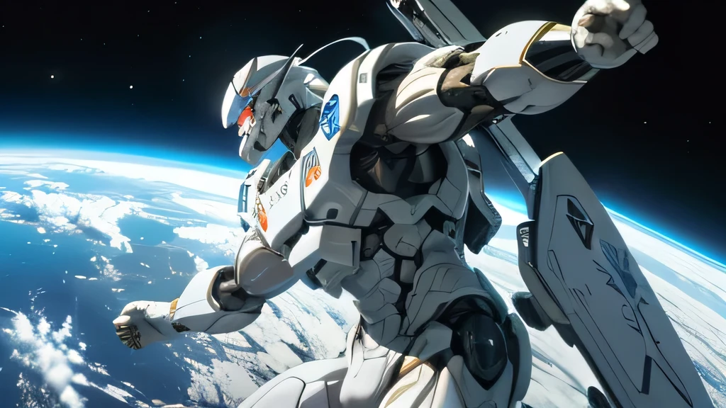 cyborg Machine Body White body Muscla, a muscular white robot Muscular Suit Mega Bulge Background Earth seen from space looking at the camera