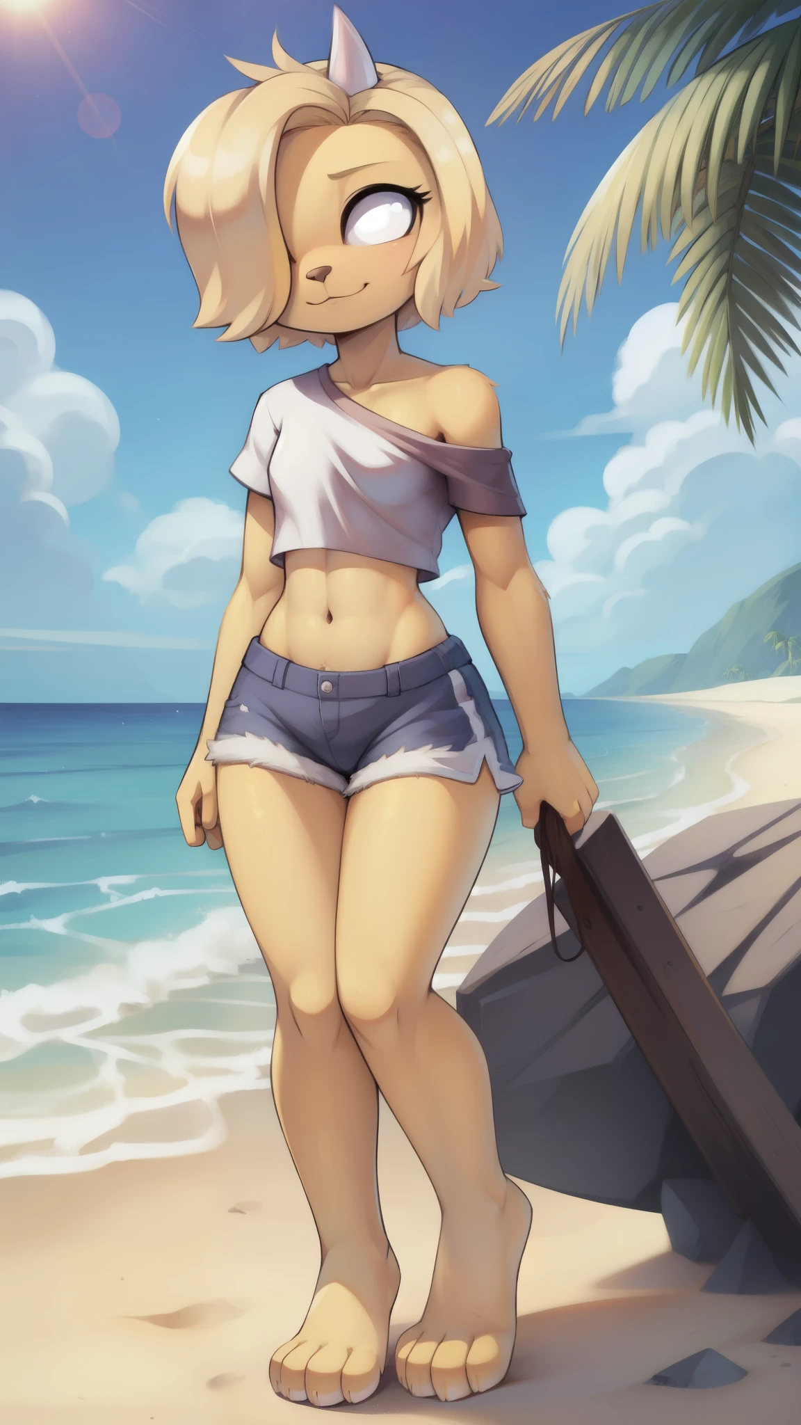 bronwyn, hair over one eye, blonde hair, furry female, short hair, yellow body fur, small breasts, single horn, ((white shirt, one shoulder, shorts)), detailed body fur, detailed face, detailed eyes, glistering body, shiny body, gorgeous body, masterpiece, full body, feets with three toes, 3 toes, standing, beach, clear sky, full body, :3, athletic body, looking at you,