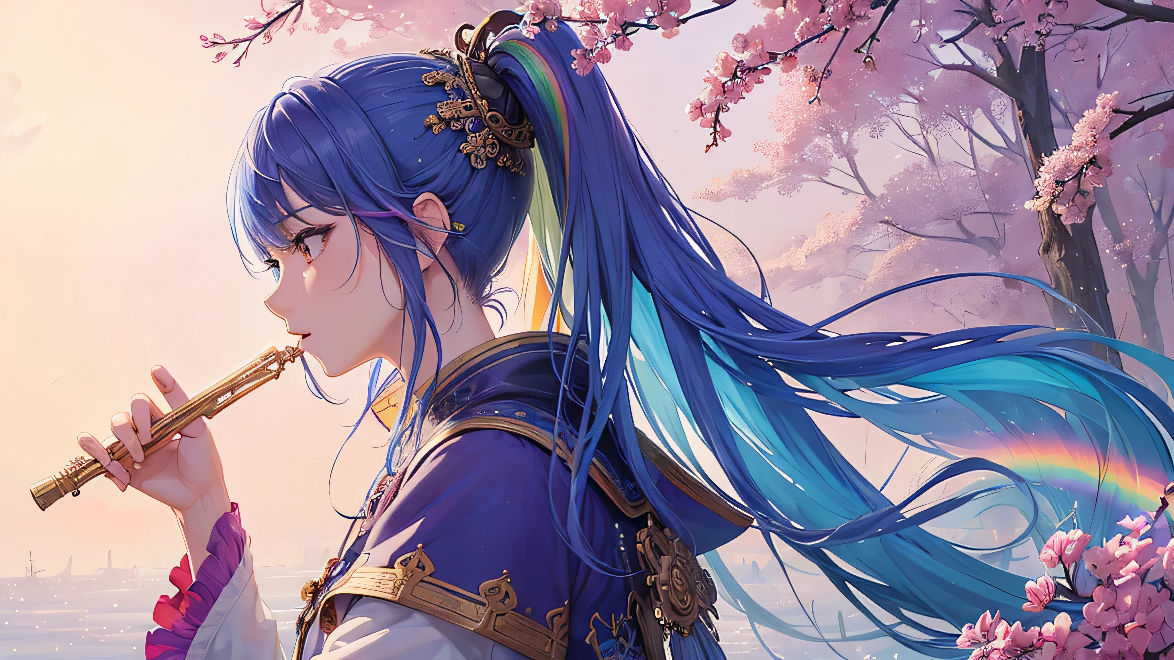 (masterpiece, quality, Best quality at best, watercolor (Moderate), Official Art, Beautiful and beautiful: 1.2), (1 girl: 1.3), (Fractal Art: 1.3), Upper body, From the side From the side, Look at the audience, Patterned, (Rainbow Hair, colorful Hair, Half blue, Half pink hair: 1.2), water, liquid, colorful, starsky, star, uniform, smile,ponytail,Playing the flute, highest quality、Ultra-high resolution、Super detailed description、Detailed description、Best Anime、Best artwork、Ultra-precise art、overwhelming depiction、Intricate and detailed art