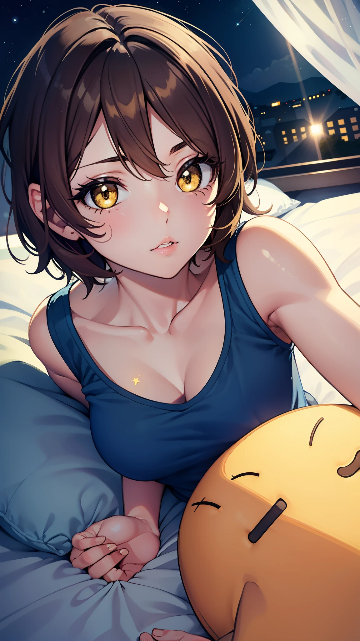 short hair, brown hair, yellow glowing eyes, perfect lips,sleepy look ,  ready to sleep, cute expression, cute face, laying in the bed,  pajama, pillow, tank top, babe doll , sleepyhead pose, ultra detailed face, long eyelashes, sharp eyes , Fullbody shot, dinamic viewer, night sky , dinamic point of view, diferents point of view, room, dinamic picture , laying in the bed