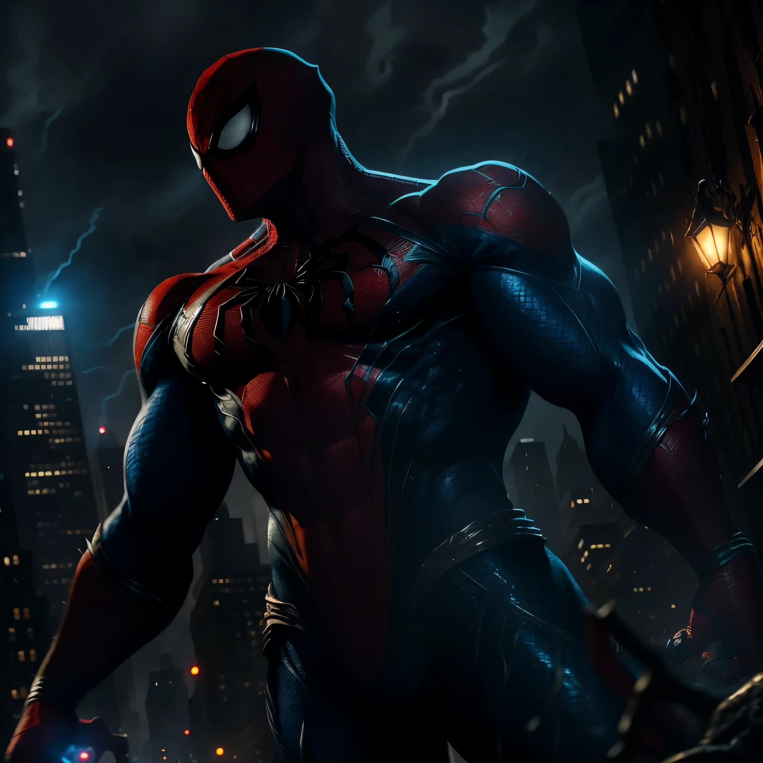 4K 16:9 Image: A thrilling showdown between Spiderman and Venom unfolds under the brooding, stormy New York City sky. The night is illuminated by the pulsating blue and red lights of their powers, casting long, ominous shadows on the cobblestone streets. Spiderman stands tall and determined, his sharp features accentuated by the gritty textures of the cityscape behind him. His facial expression is intense, his eyes focused on Venom, who sneers menacingly with his fangs bared and his symbiote skin rippling with dark, alien patterns. The veins on his forehead bulge, and his eyes glow ominously with