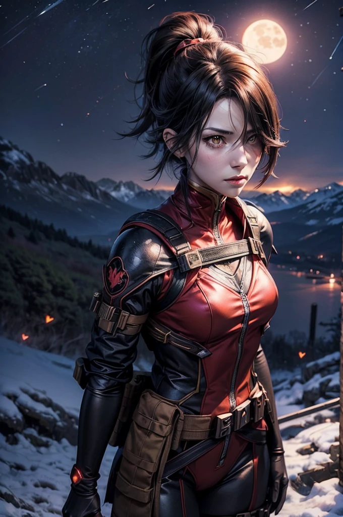 stunning girlfriend, heart shaped face, elegant face, beautiful face, highly detailed face, highly detailed skin, skin pores, subsurface scattering, realistic pupils, full lips, detailed background, depth of field, atmospheric perspective, volumetric lighting, sharp focus, absurdres, realistic proportions, good anatomy, (realistic, hyperrealistic:1.4), 16k hdr, cinderfall2023, best quality, masterpiece, 1girl, anime style, ponytail, red tactical suit, action pose, black left arm, utility belt, bulletproof vest, hair over eye, arcane ninja, flame, night, stars, moonlight, standing, on mountain side, crowd