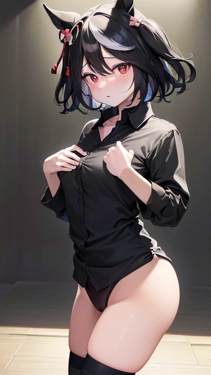 (((Obra maestra))),(((high resolution)))、(((8k)))、(((cara perfecta)))、(((umamusume kitasan negro)))、(((camisa de cuello)))、(((Falda)))、((calcetines hasta la rodilla))、pechos grandes、rechoncho、embarrassed expression、Looking to the camera、NSFW